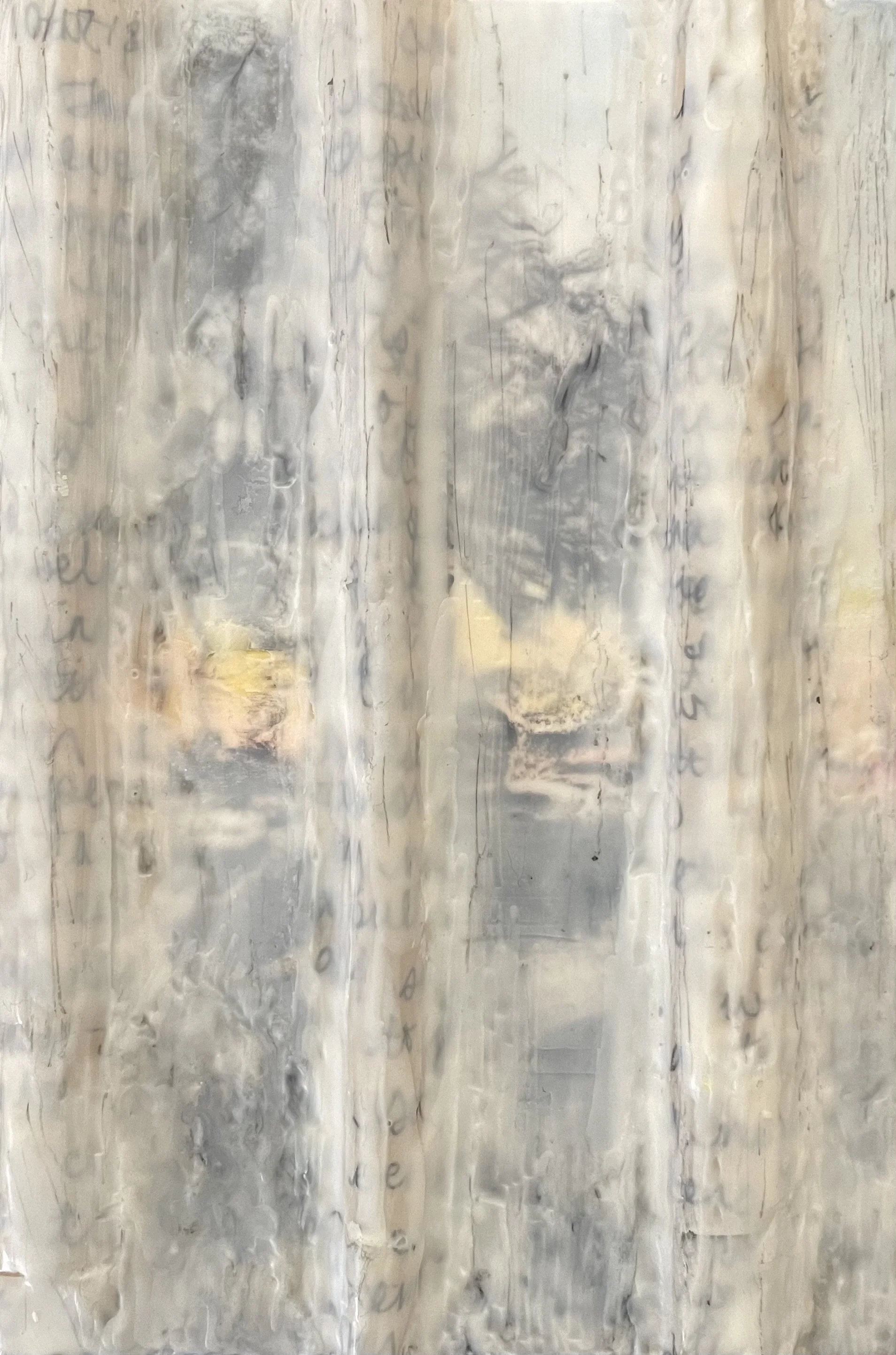 “Through the Curtain,” 2026. Encaustic wax, oil paint, graphite, and journal entries on wood panel, 4 x 6 in. 