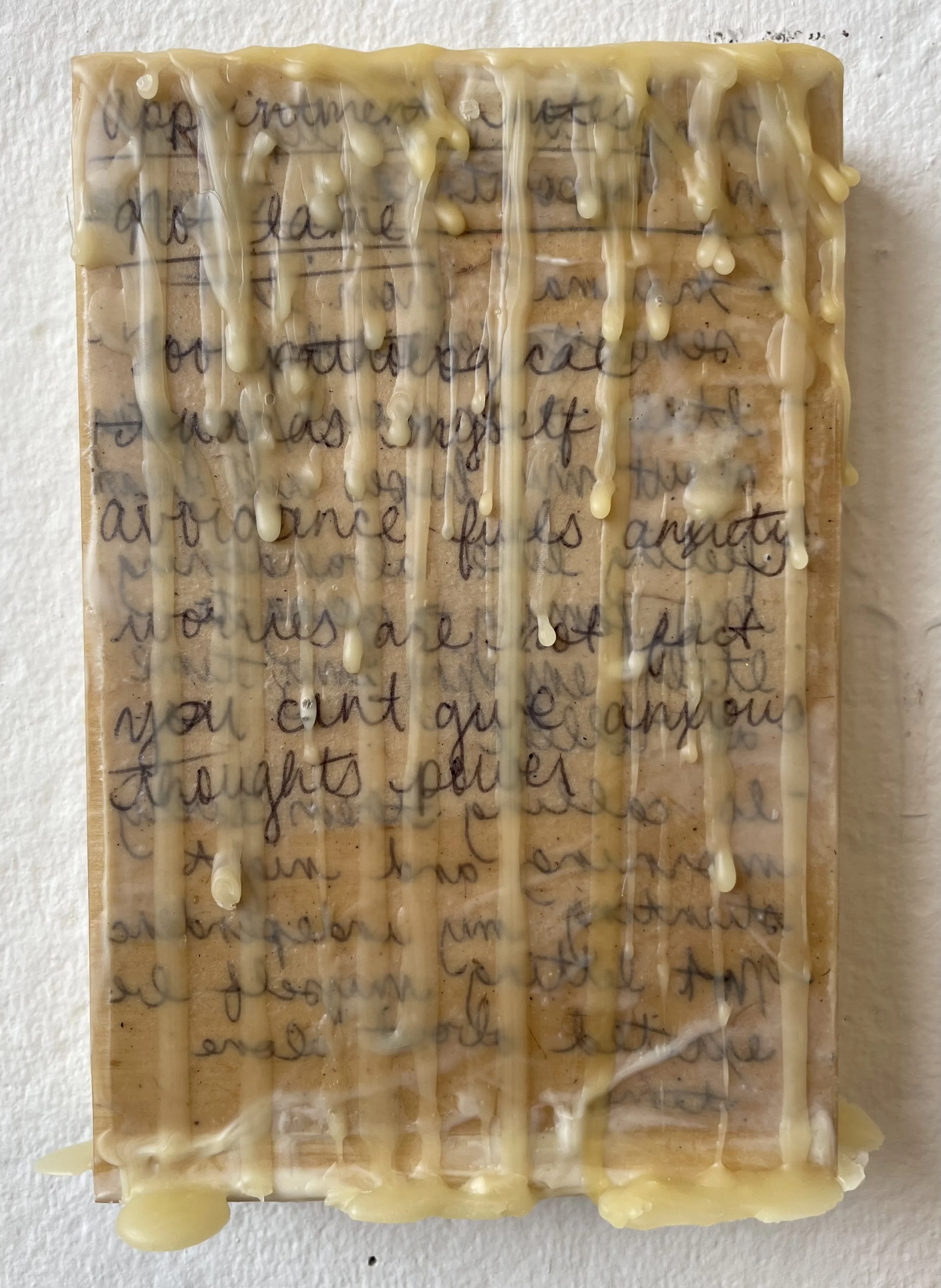 “Appointments”, 2026. Encaustic wax and journal entries on wood panel, 4 x 6 in.