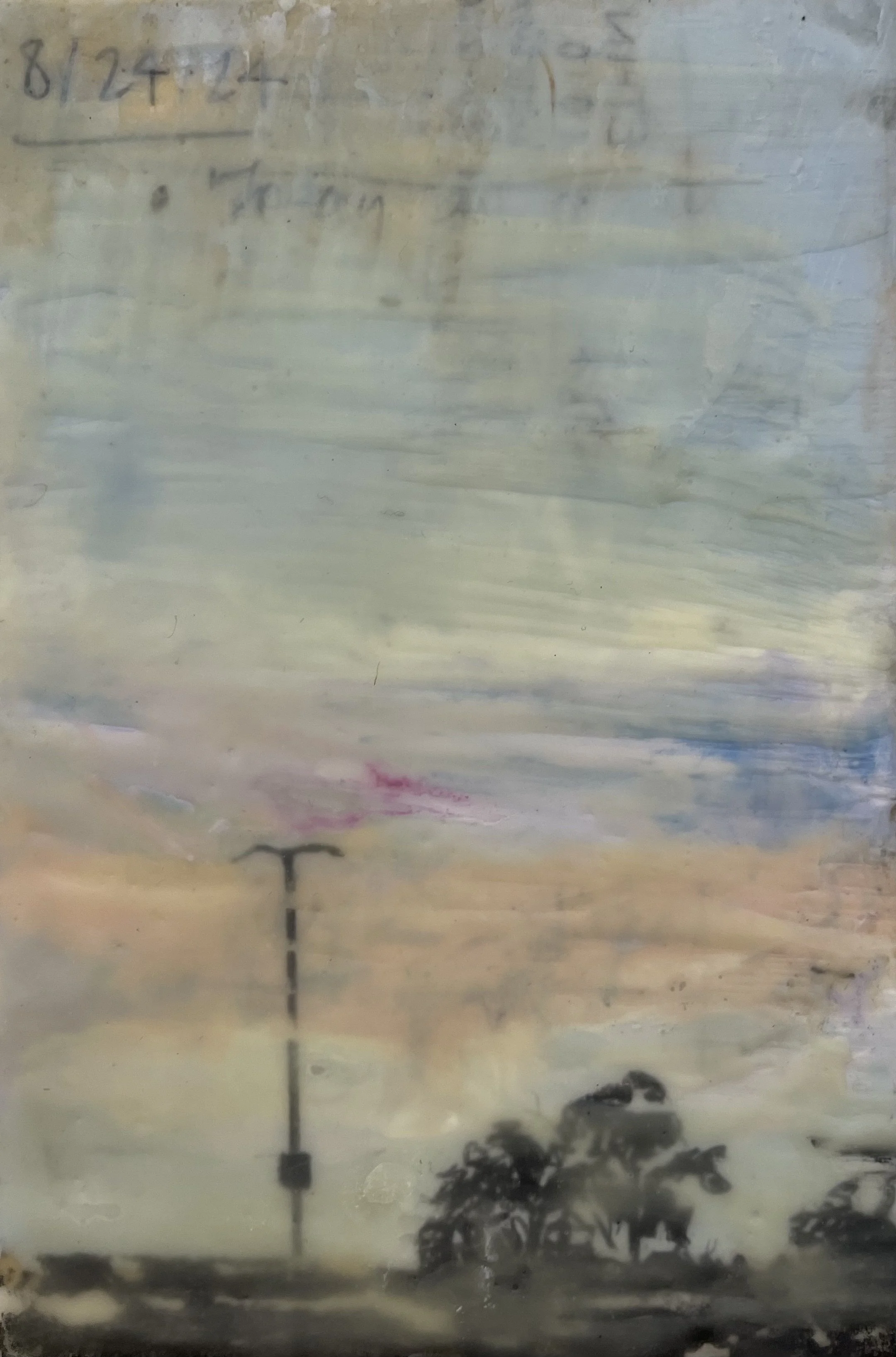 “8/24/24”, 2026. Encaustic wax, oil paint, graphite, and journal entries on wood panel, 4 x 6 in.