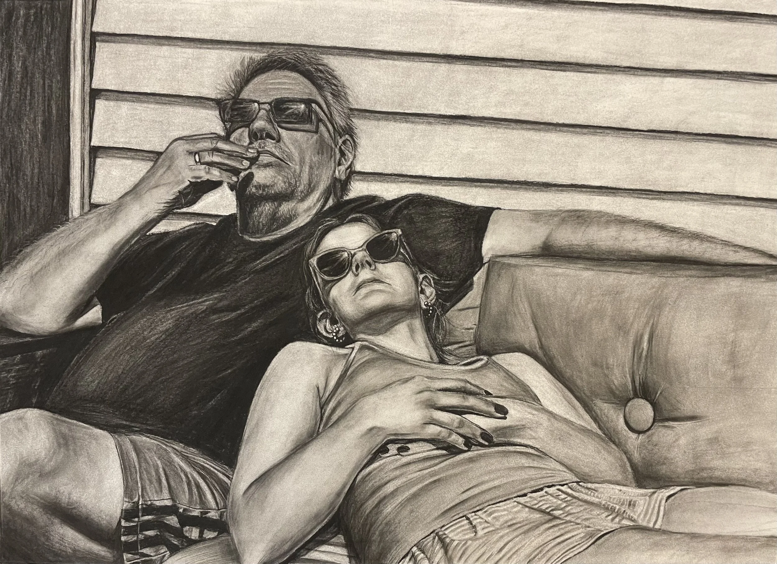 “Aren’t You Glad You Came Outside to See This”, 2025-2026. Charcoal on paper, 22 x 30 in.