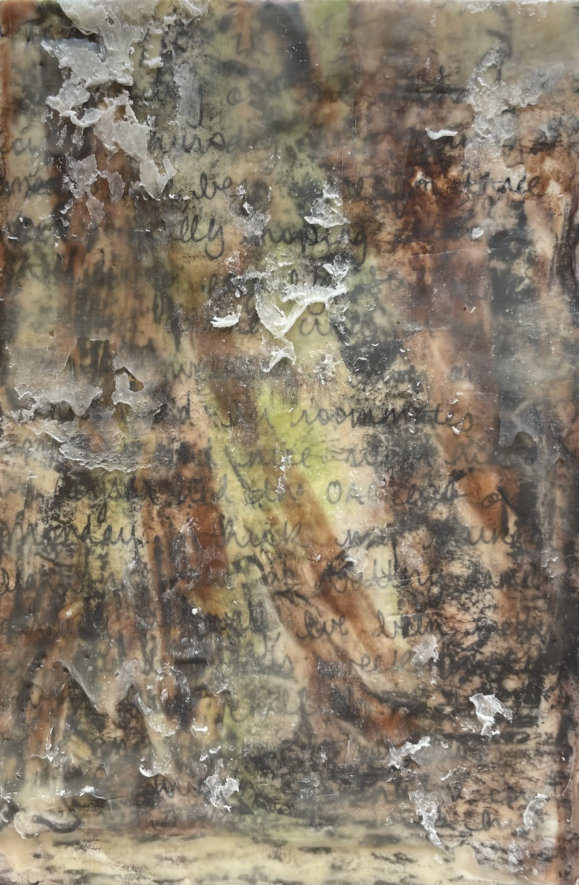 “Fourth Thursday, Last Friday”, 2026. Encaustic wax, oil paint, graphite, and journal entries on wood panel, 4 x 6 in.
