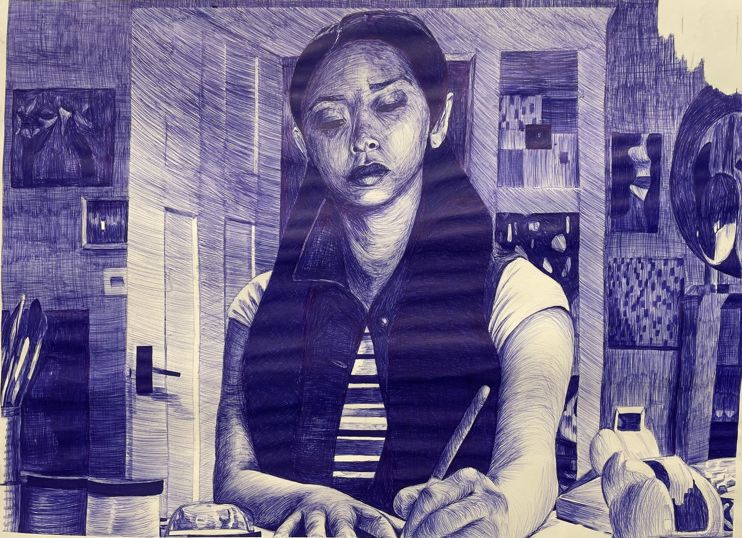 “Lara Jean,” 2026. Pen on paper, 18 x 24 in. Imagery taken from “To All the Boys I’ve Loved Before” (2018, dir. Susan Johnson)