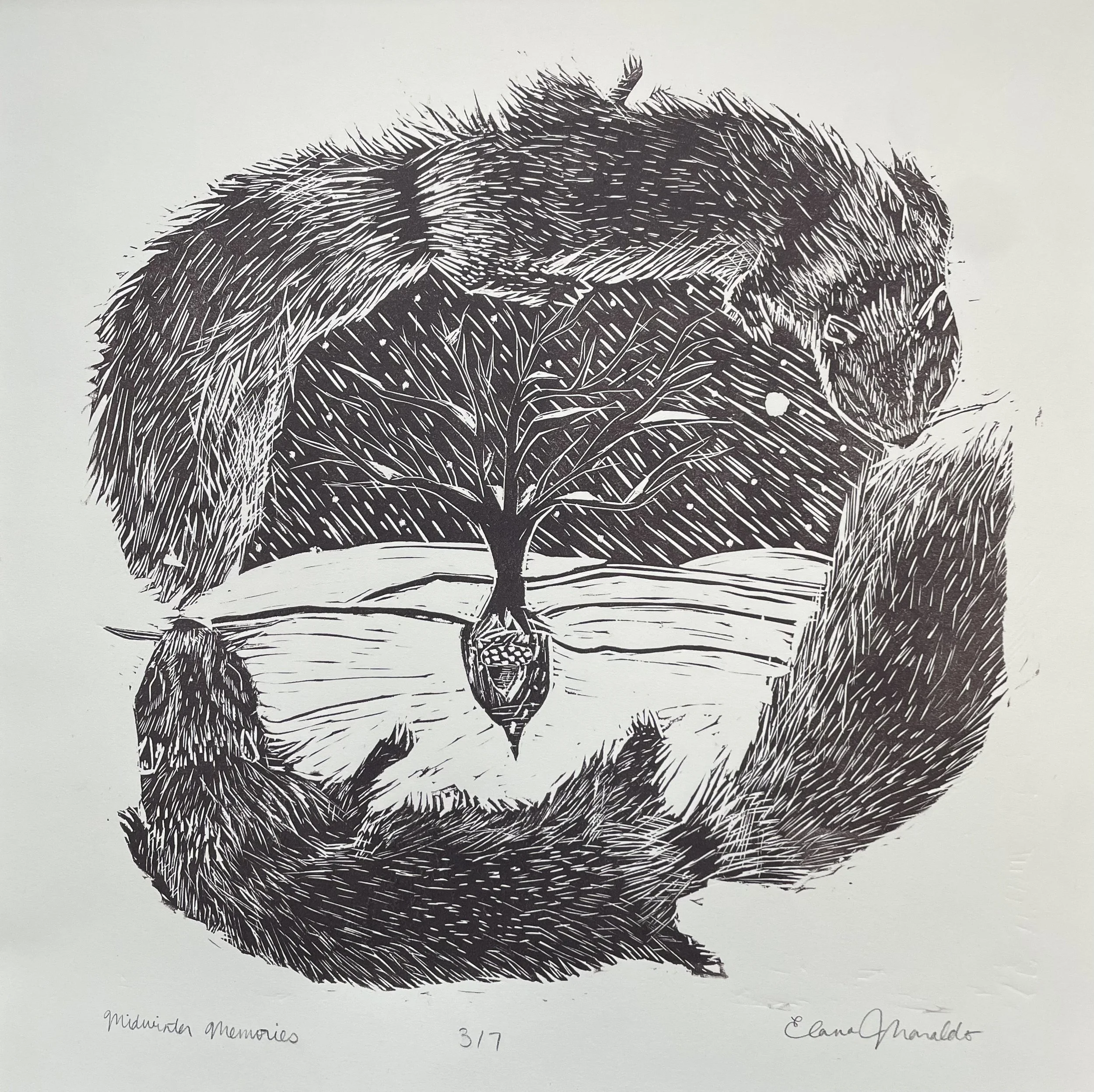 “Midwinter Memories,” 2026. Linocut on Stonehenge Natural paper, 14 x 14 in.