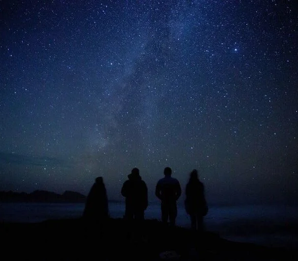 Four people standing on a beach at night, looking at a starry sky.