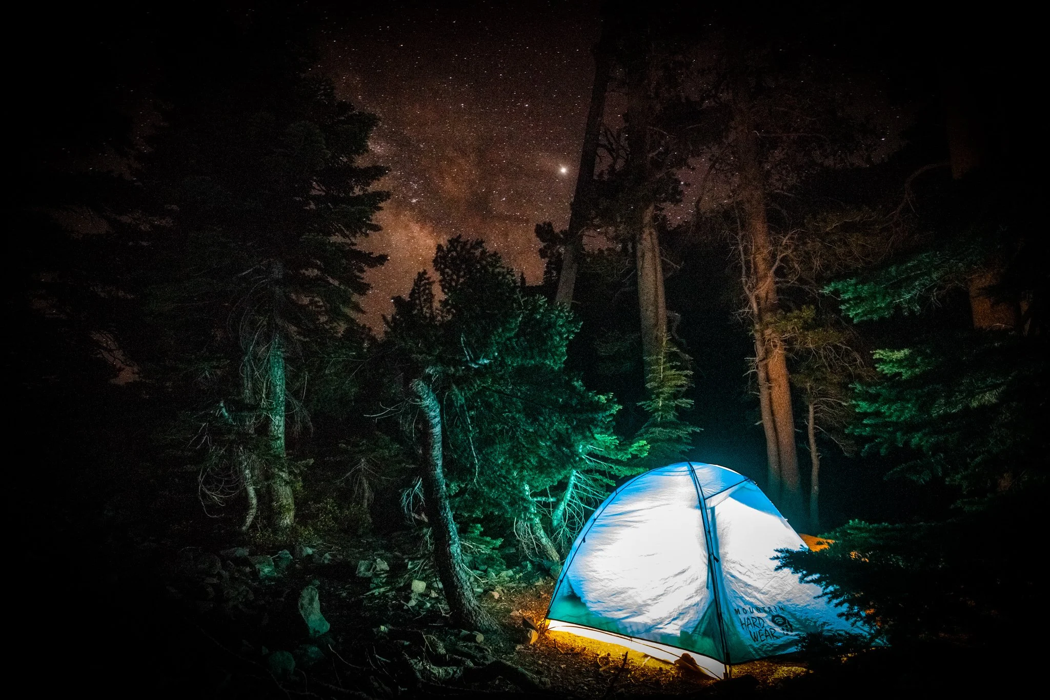 A blue and white camping tent set up in a dark forest at night, illuminated from within, with tall trees and a starry sky including the Milky Way in the background.
