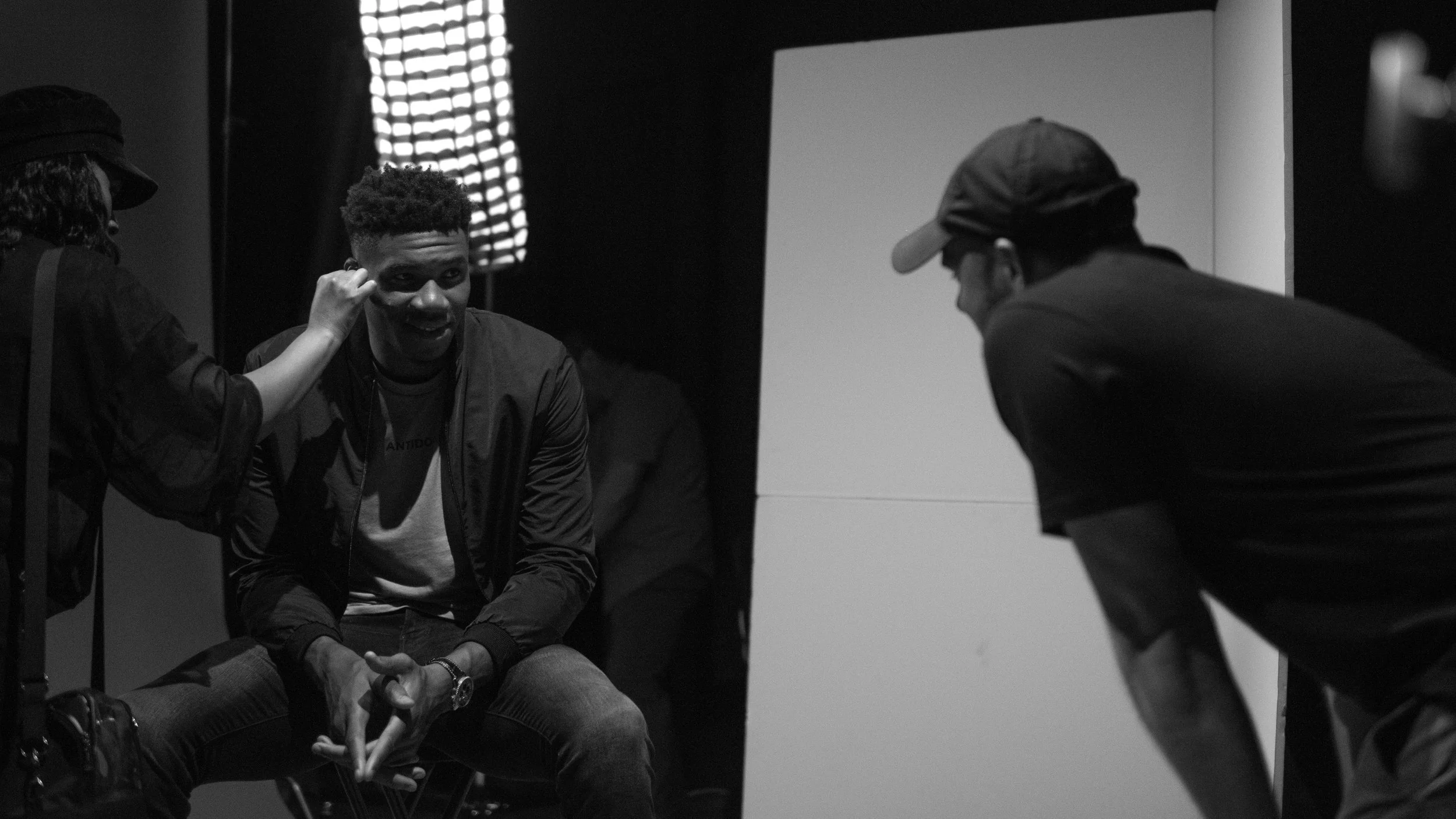 Nick Pecori with Giannis Antetokounmpo during a photoshoot advertising campaign for Antidote Health.