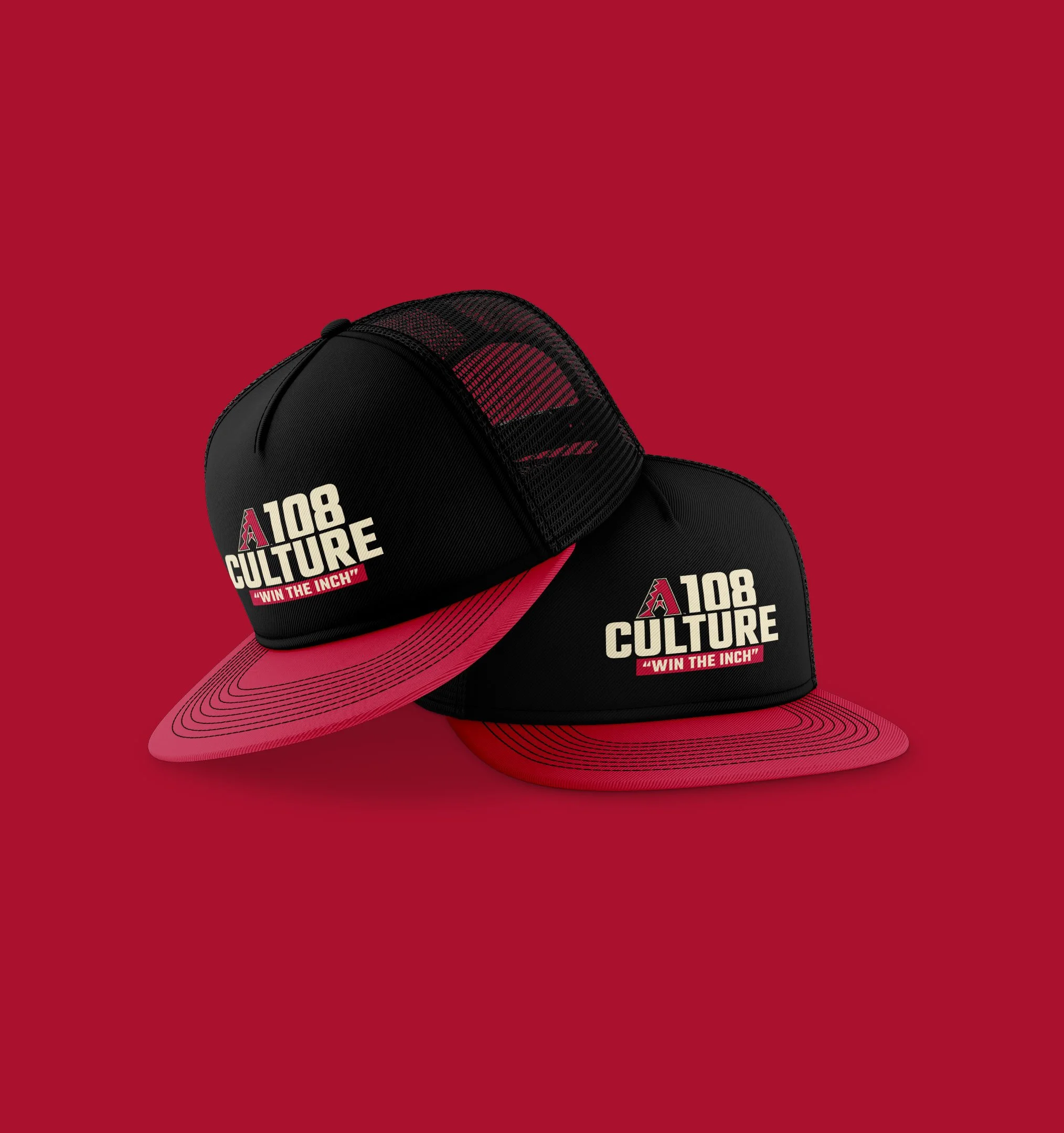 Black and red specialized cooler or storage container with the logo '108 CULTURE' and the slogan 'WIN THE INCH' on the side, placed on a red background.