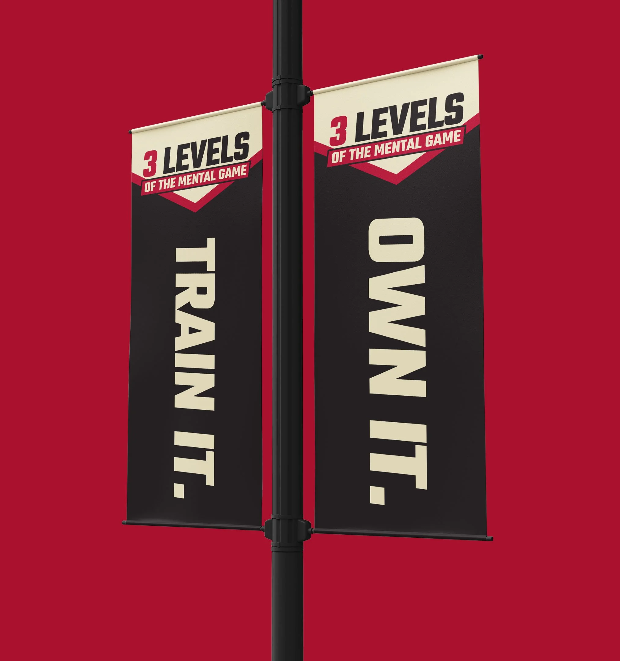 Two vertical banners hanging from a black pole, each with the text "3 LEVELS OF THE MENTAL GAME" and numbers 4 and 0 beneath, against a solid red background.