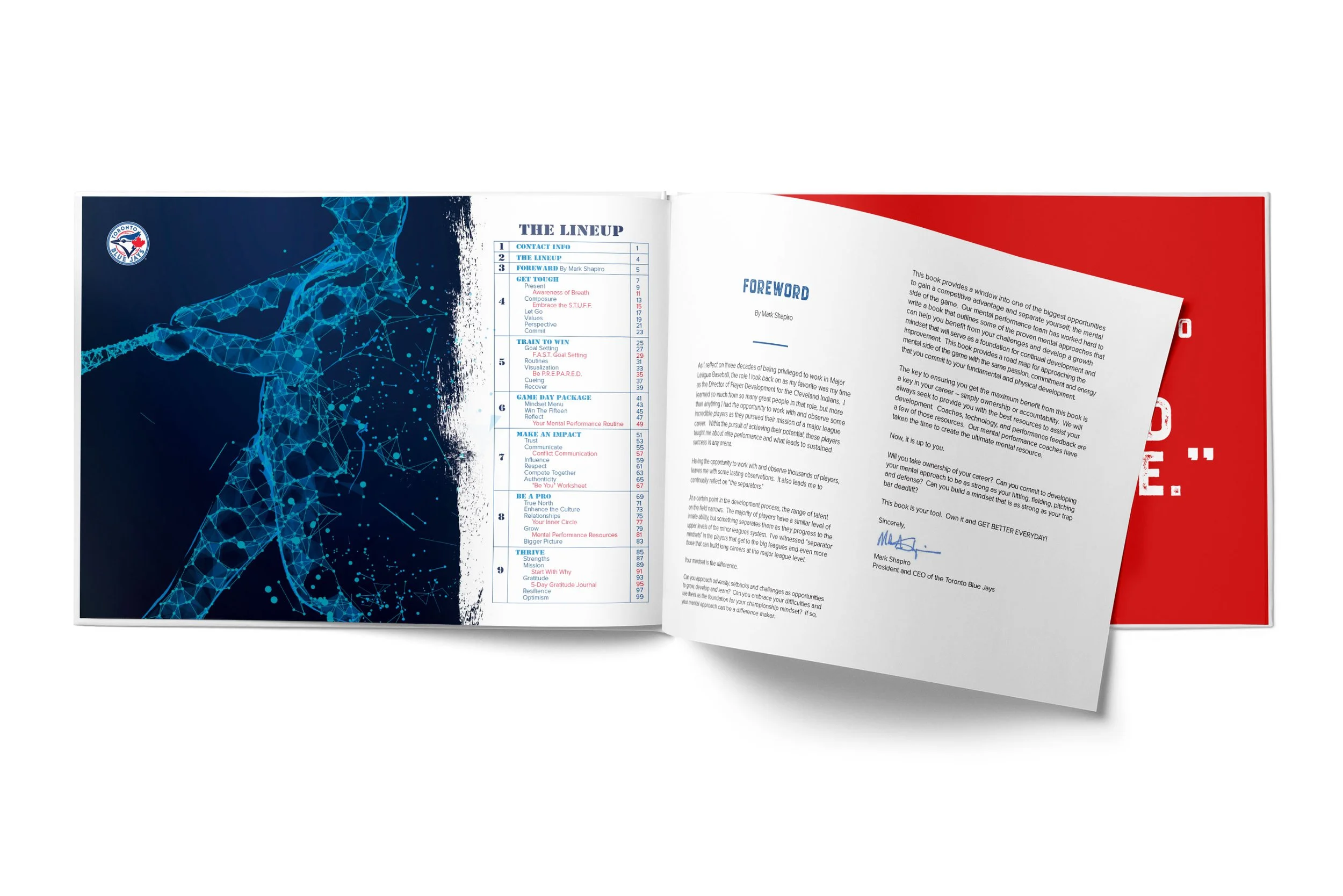 Open booklet with a blue digital illustration of a human figure on the left page and a foreword on the right page, featuring a Toronto Blue Jays team logo.