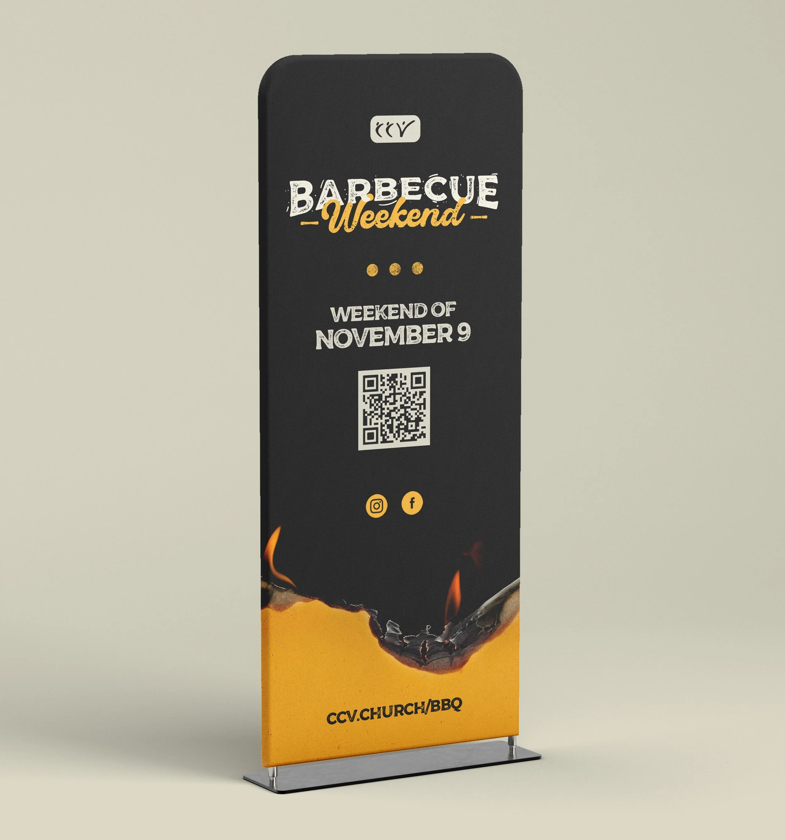 Freestanding vertical rectangular outdoor sign promoting barbecue weekend event on November 9, featuring a graphic of fire and melted cheese with website URL