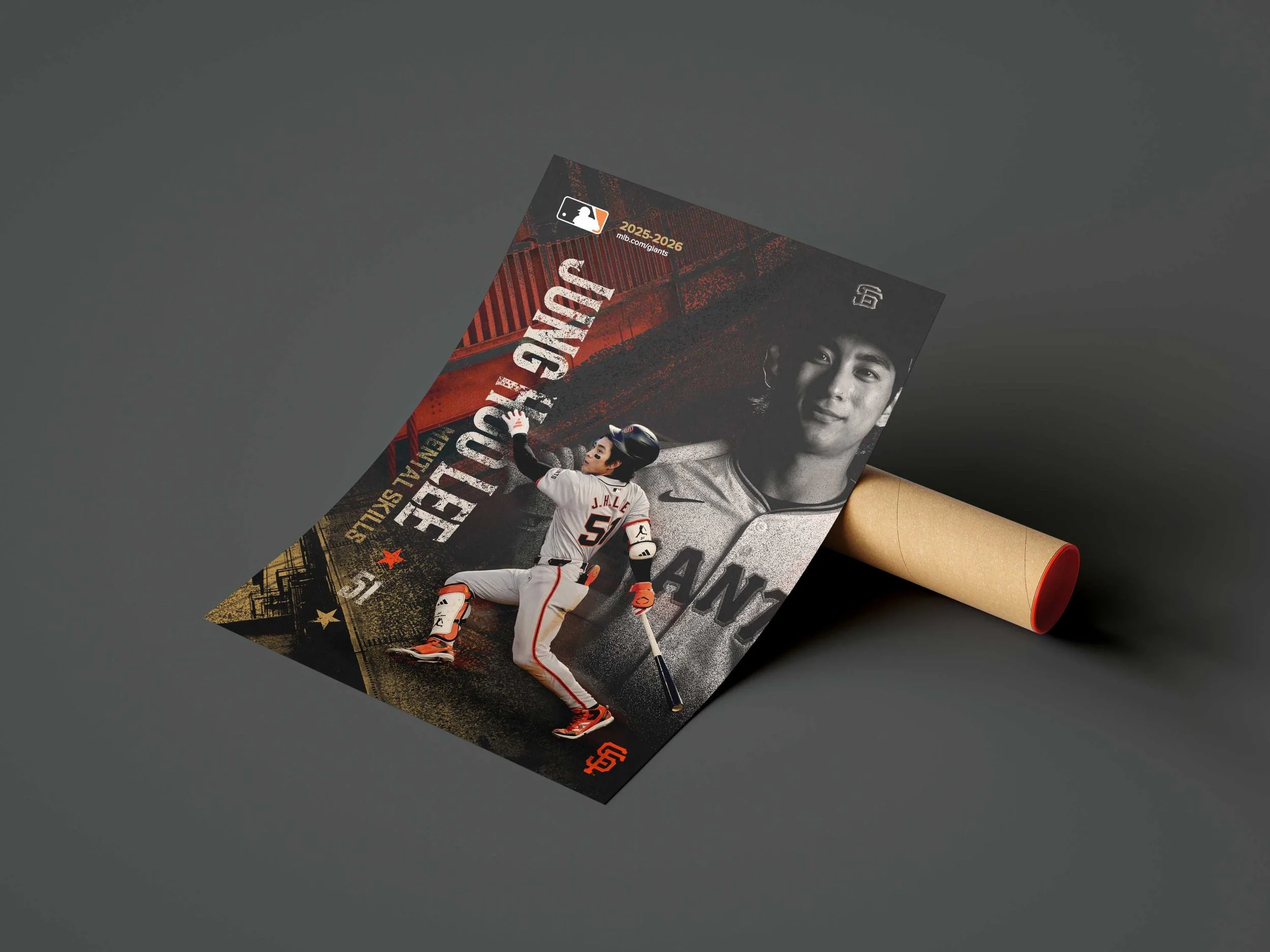 A poster featuring a baseball player in a white uniform and helmet, holding a bat. The poster includes images of the player smiling and posing with a bat, with cityscape and graphic elements in the background, and text promoting a baseball team and s