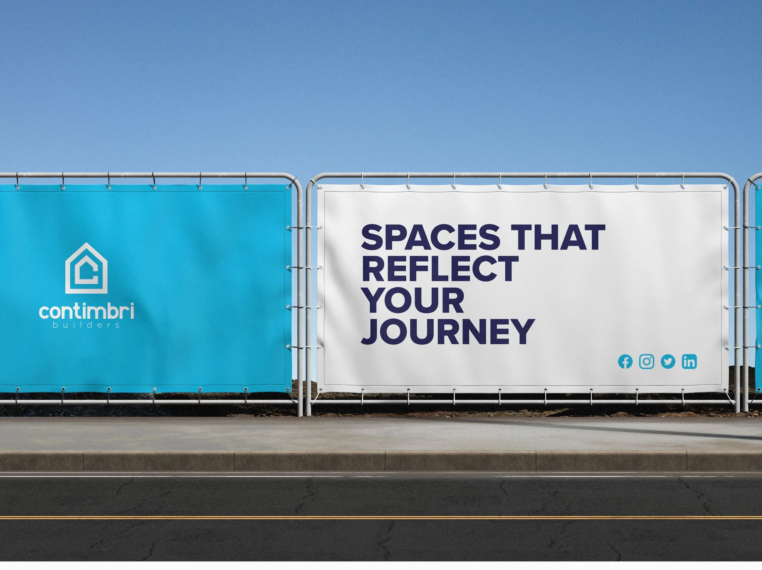 Billboard advertisement for Contimbri Builders with the slogan 'Spaces that reflect your journey' against a clear blue sky.