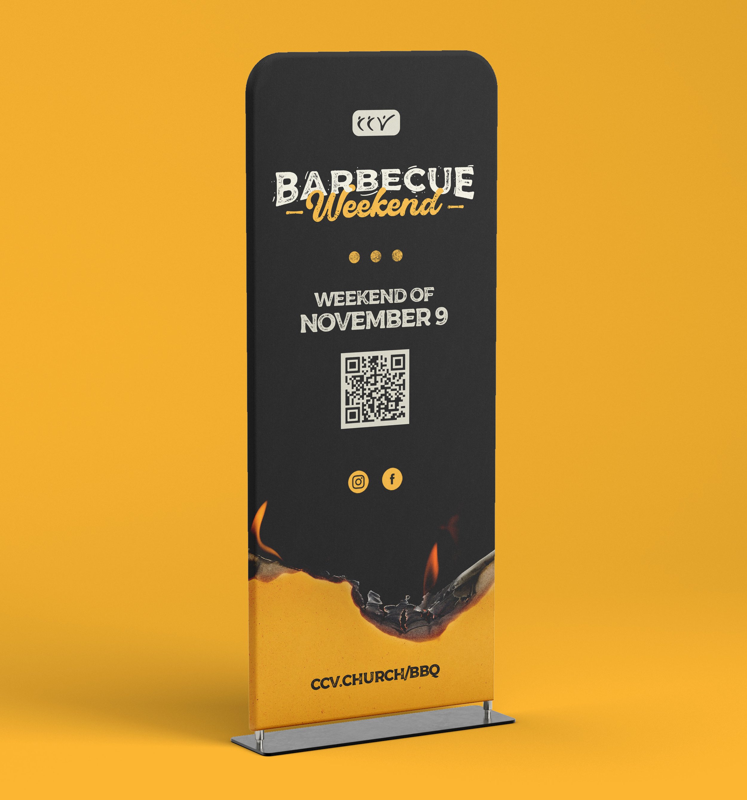 Yellow freestanding outdoor sign with black central section promoting a barbecue weekend event on November 9, featuring a QR code, social media icons, and website link.