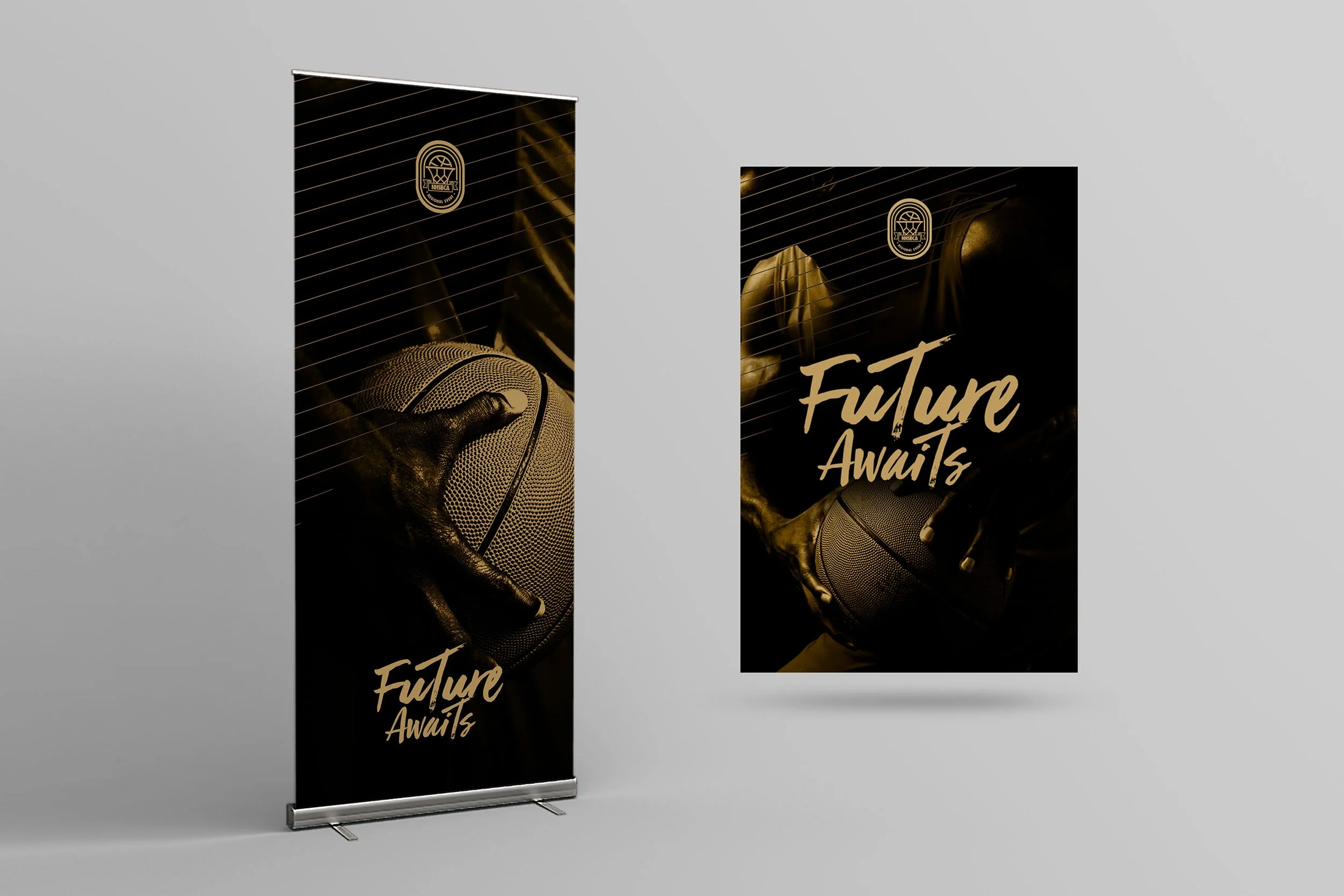 Two black and gold vertical banners with the phrase "Future Awaits" in cursive font, featuring a close-up of a person holding a basketball.