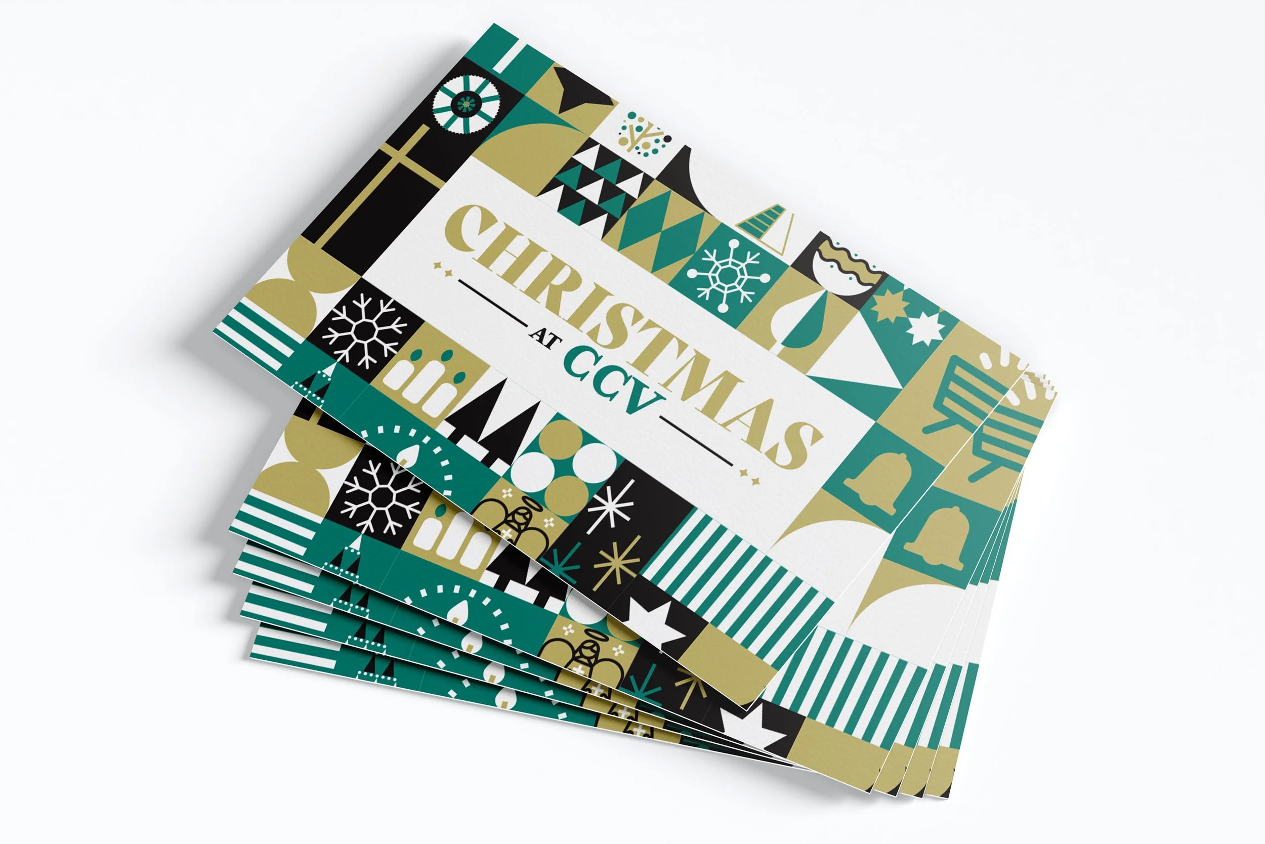 Stacked invitation cards with Christmas-themed graphics and text, featuring various holiday icons like snowflakes, ornaments, and bells in gold, black, white, and teal colors.