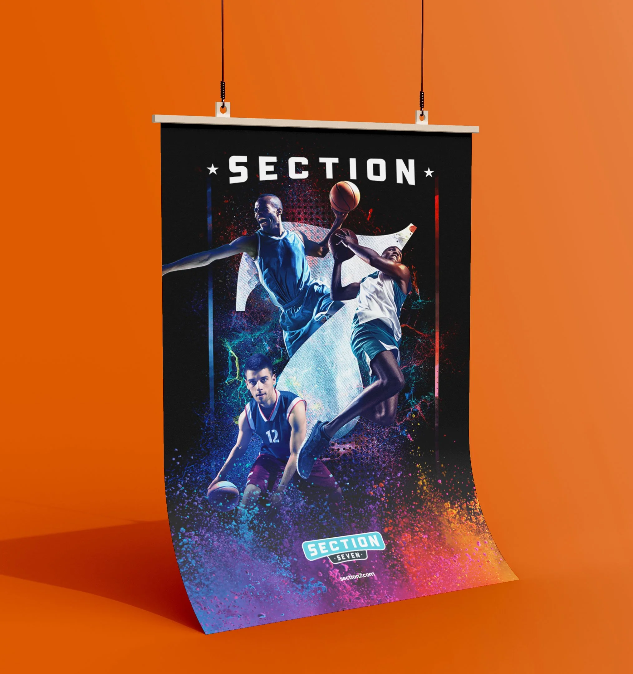 Colorful basketball-themed poster with two players in action, one jumping and one defending, against a splatter paint background with the text 'SECTION' and a website URL.