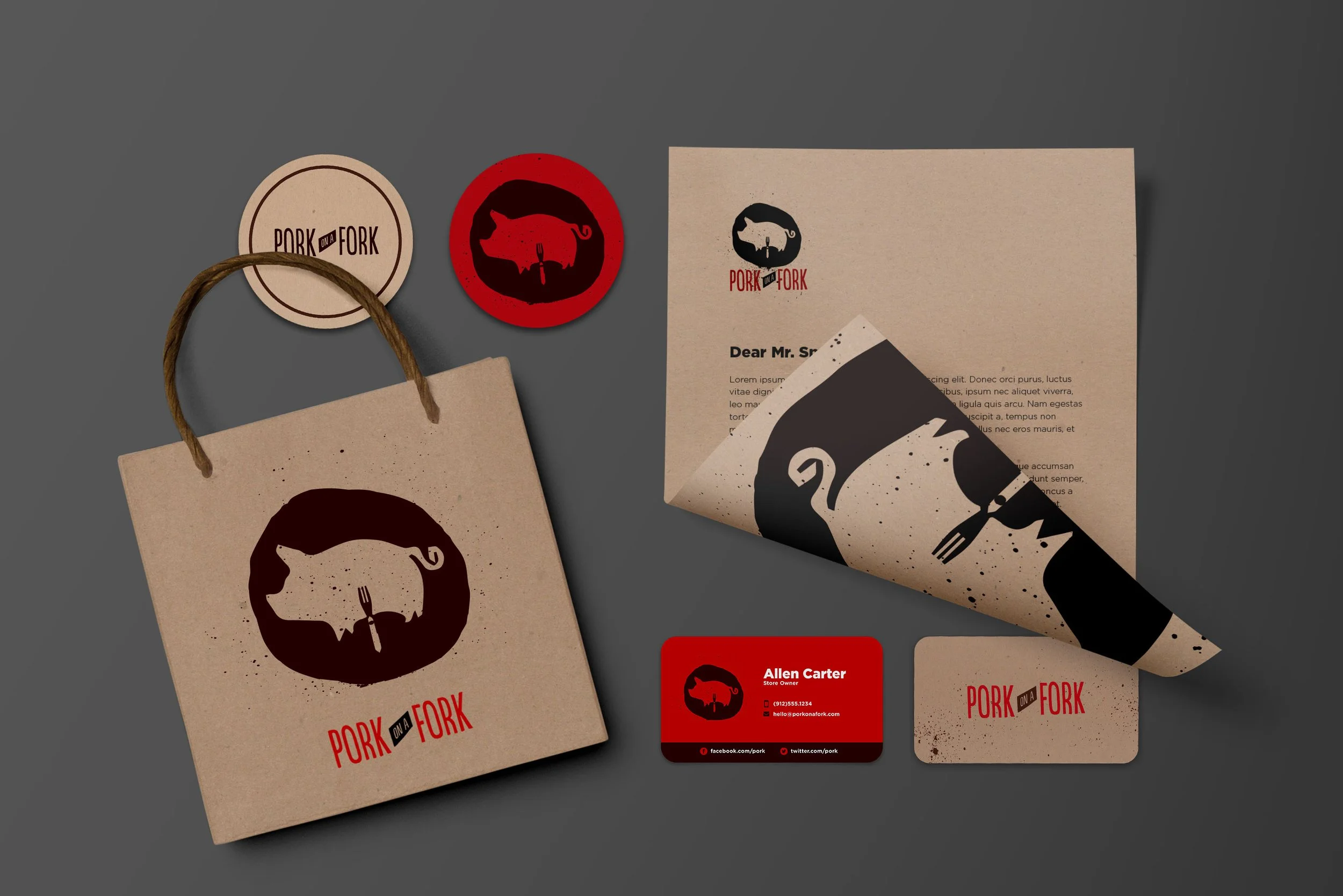 Collection of branding materials including business cards, sticky notes, and paper stickers for Pork on a Fork. The branding features a pig silhouette with a fork through it and the phrase 'Pork on a Fork'.