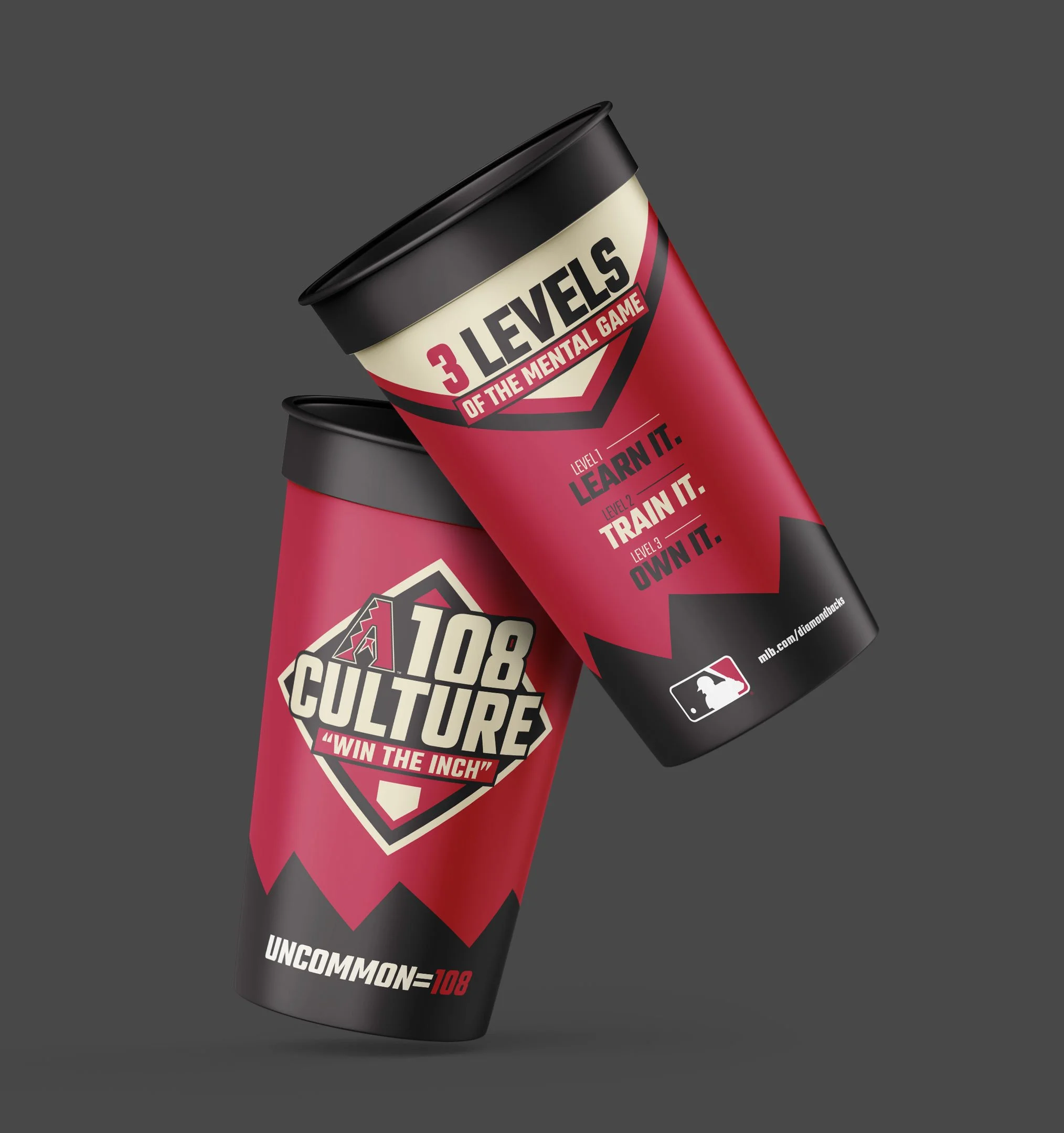 Two black and red containers of sports drink with the words "108 CULTURE" and "Win the Inch" on a gray background.