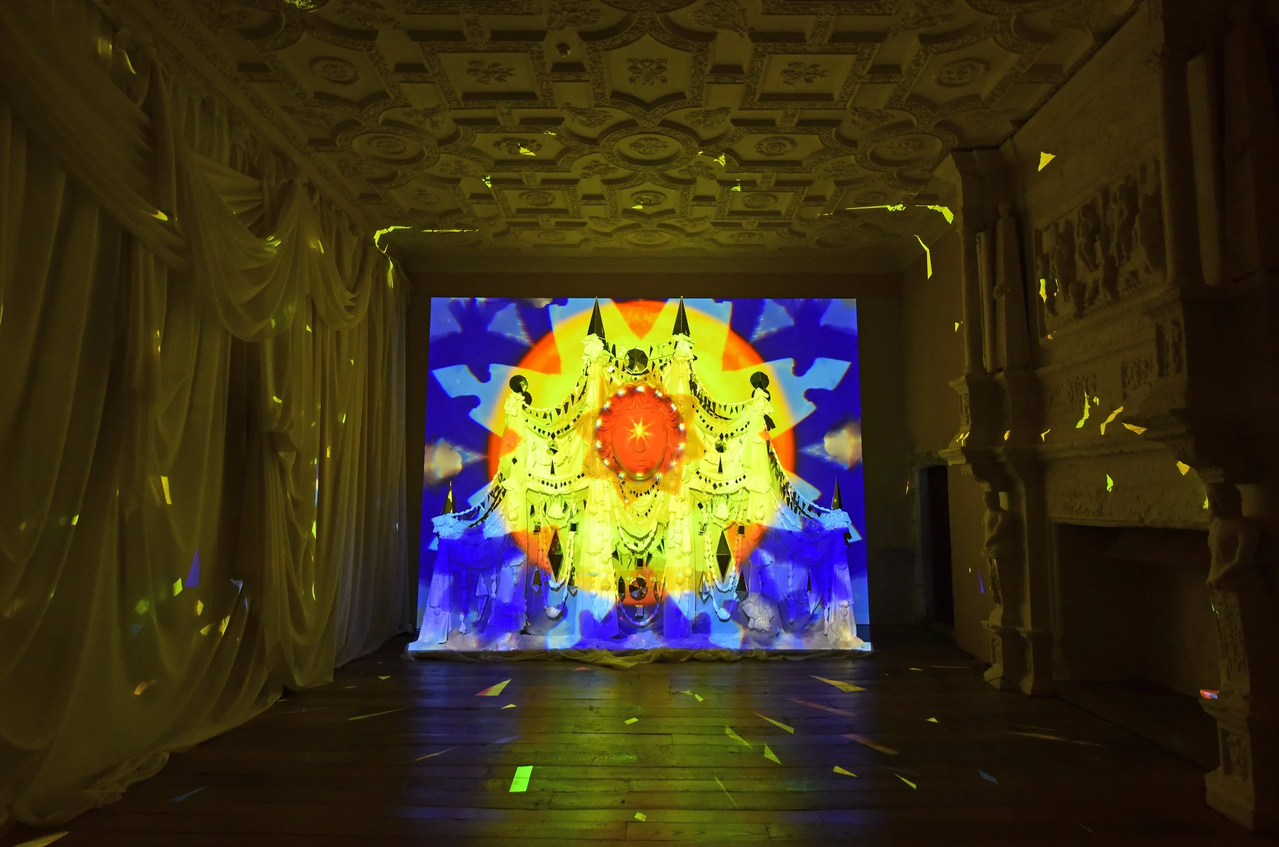 Between Chaos & Light - 2025 - National Trust - Fountains Hall, Yorkshire - sound, video, fabric, glass mirrors, fibreglass. Ed Kluz 