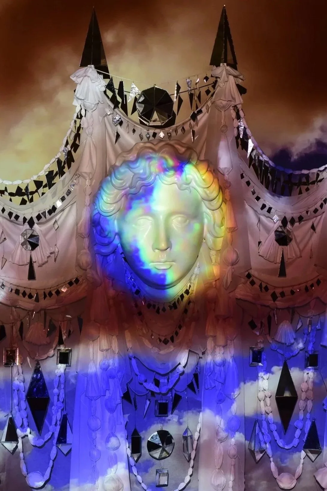 Between Chaos & Light - 2025 - National Trust - Fountains Hall, Yorkshire - sound, video, fabric, glass mirrors, fibreglass. Ed Kluz 