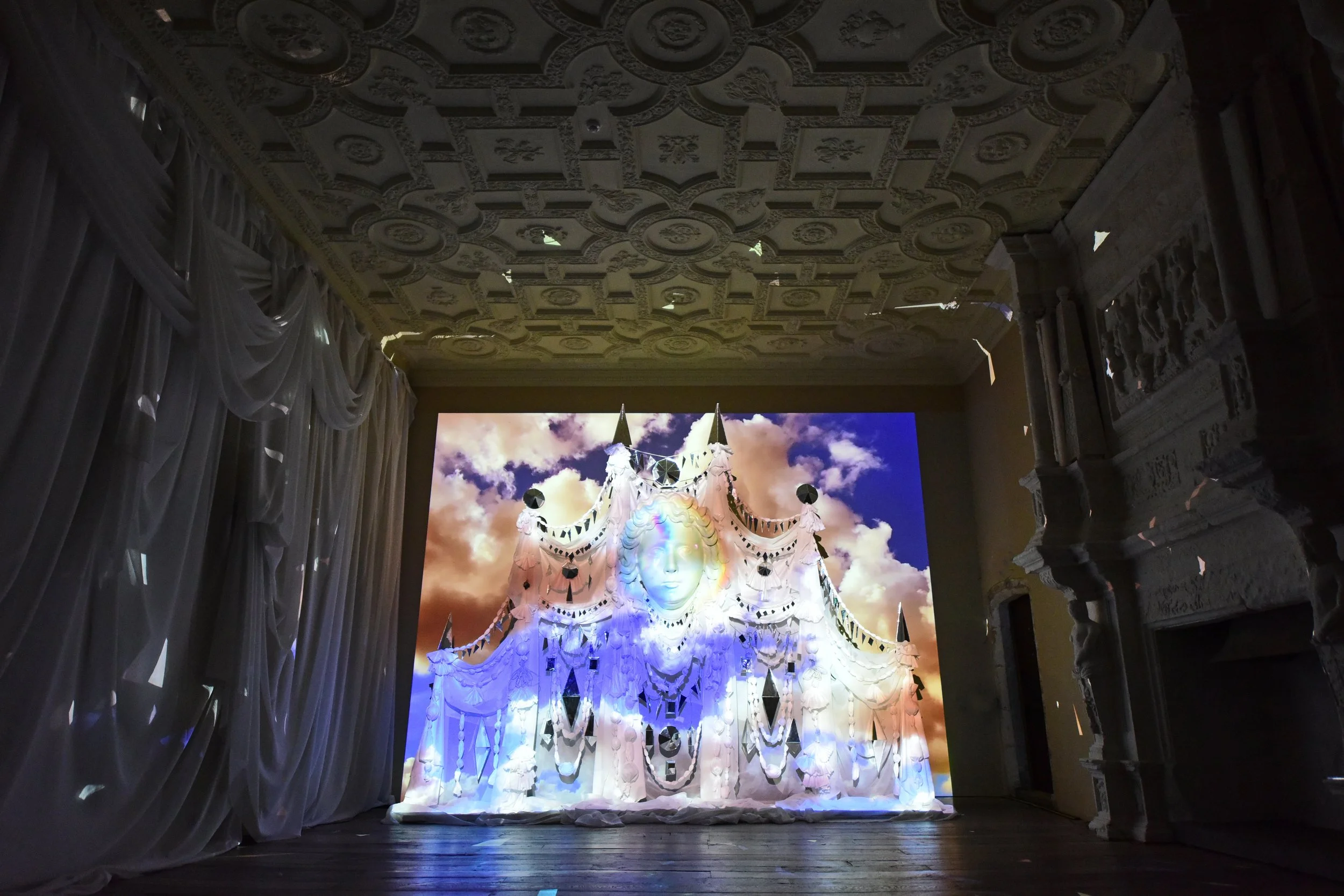 Between Chaos & Light - 2025 - National Trust - Fountains Hall, Yorkshire - sound, video, fabric, glass mirrors, fibreglass. Ed Kluz 