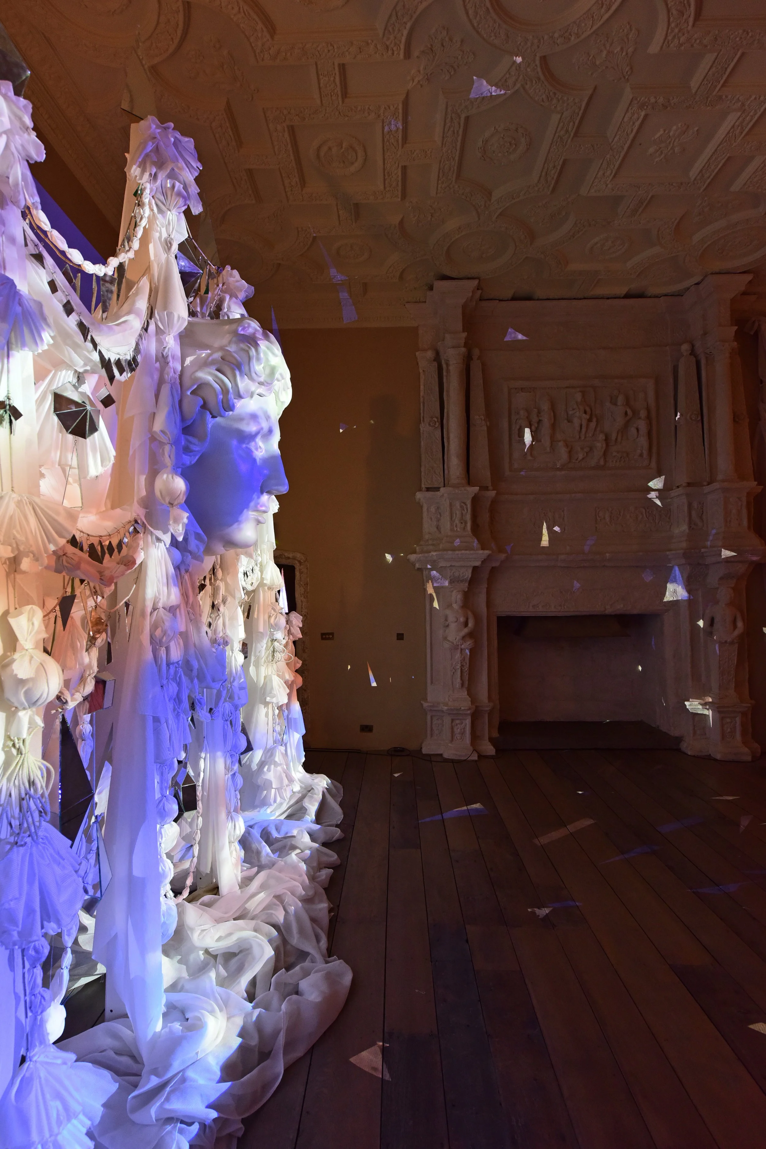 Between Chaos & Light - 2025 - National Trust - Fountains Hall, Yorkshire - sound, video, fabric, glass mirrors, fibreglass. Ed Kluz 