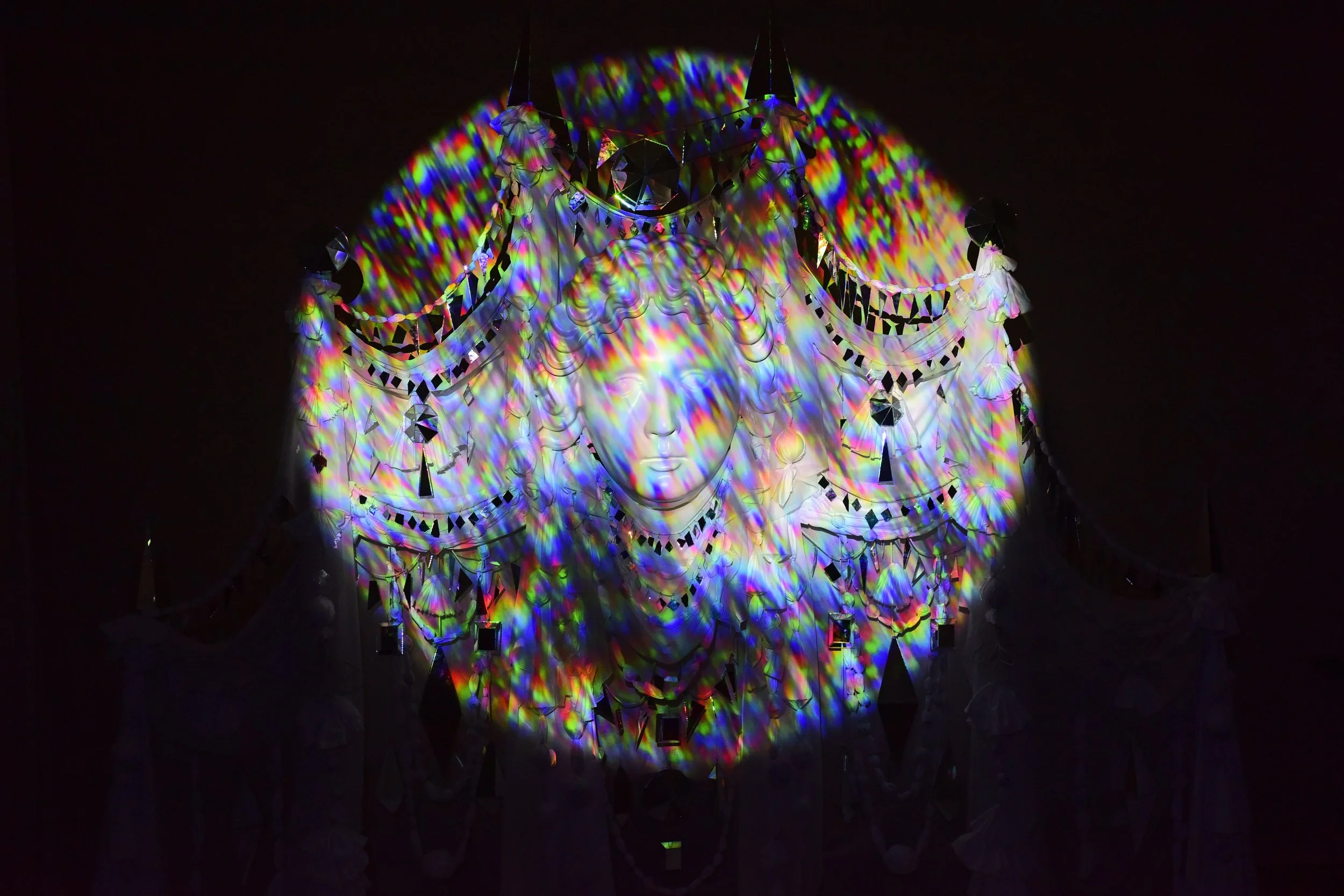 Between Chaos & Light - 2025 - National Trust - Fountains Hall, Yorkshire - sound, video, fabric, glass mirrors, fibreglass. Ed Kluz 