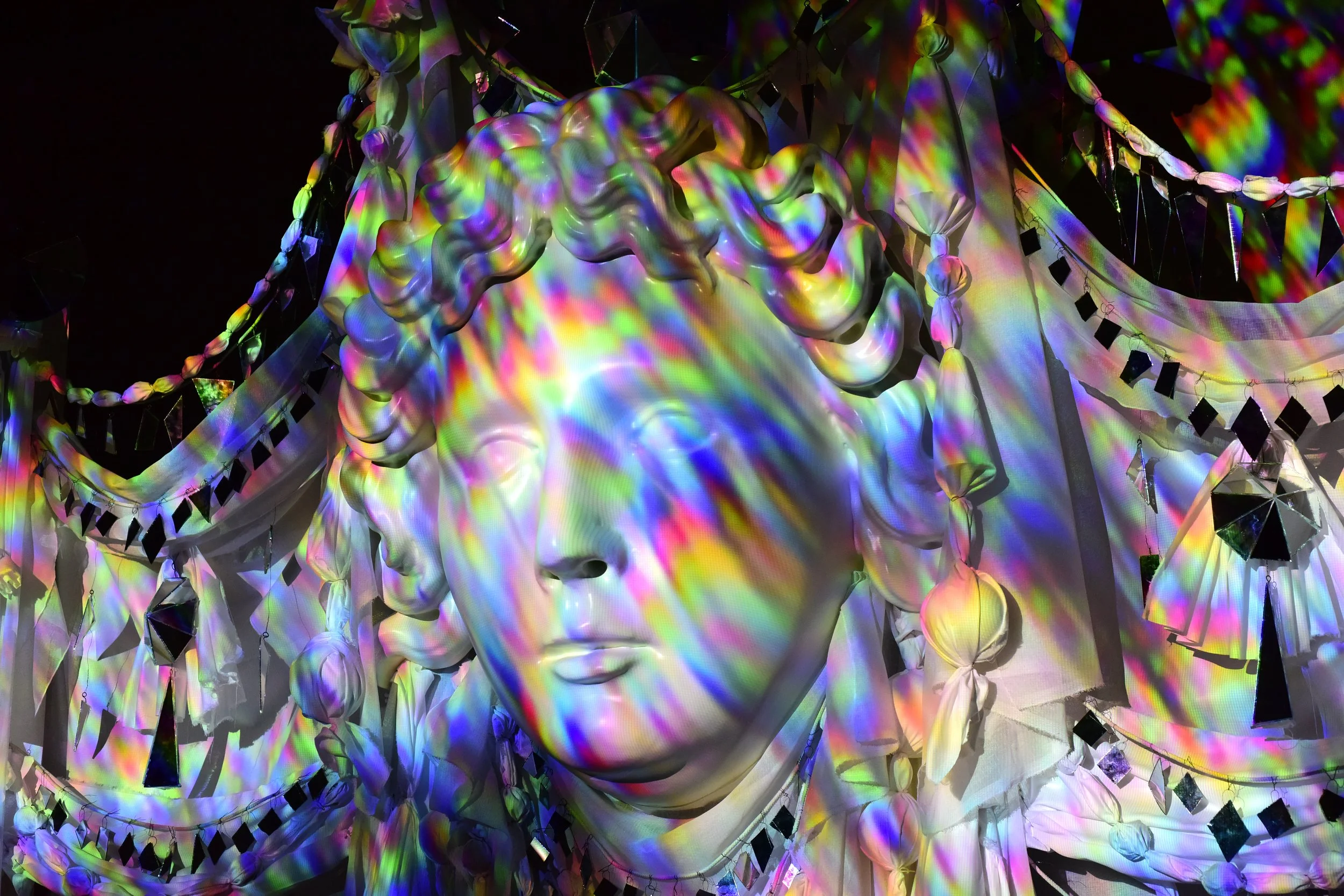 Between Chaos & Light - 2025 - National Trust - Fountains Hall, Yorkshire - sound, video, fabric, glass mirrors, fibreglass. Ed Kluz 