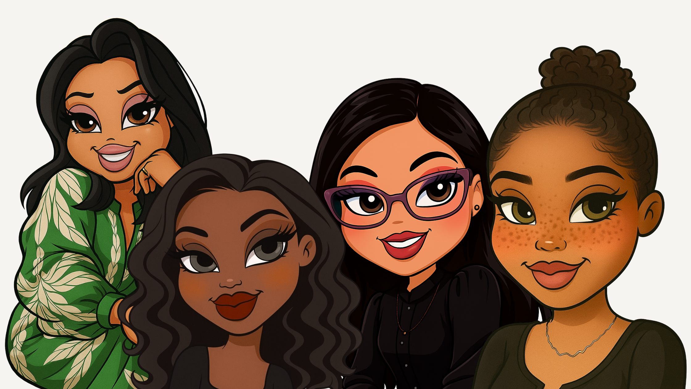 Illustration of five diverse women with different hairstyles and outfits, smiling and posing for a group photo.