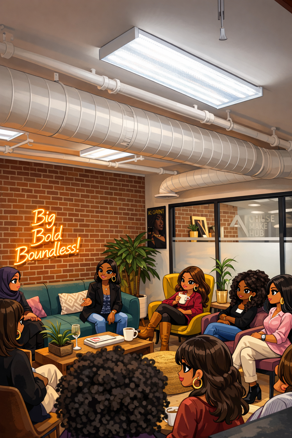 A group of women gathering in a modern, stylish office lounge with a brick wall, greenery, and colorful chairs. They are engaged in conversation, some holding cups or glasses, with a neon sign that reads 'Big Bold Boundless!' on the wall.