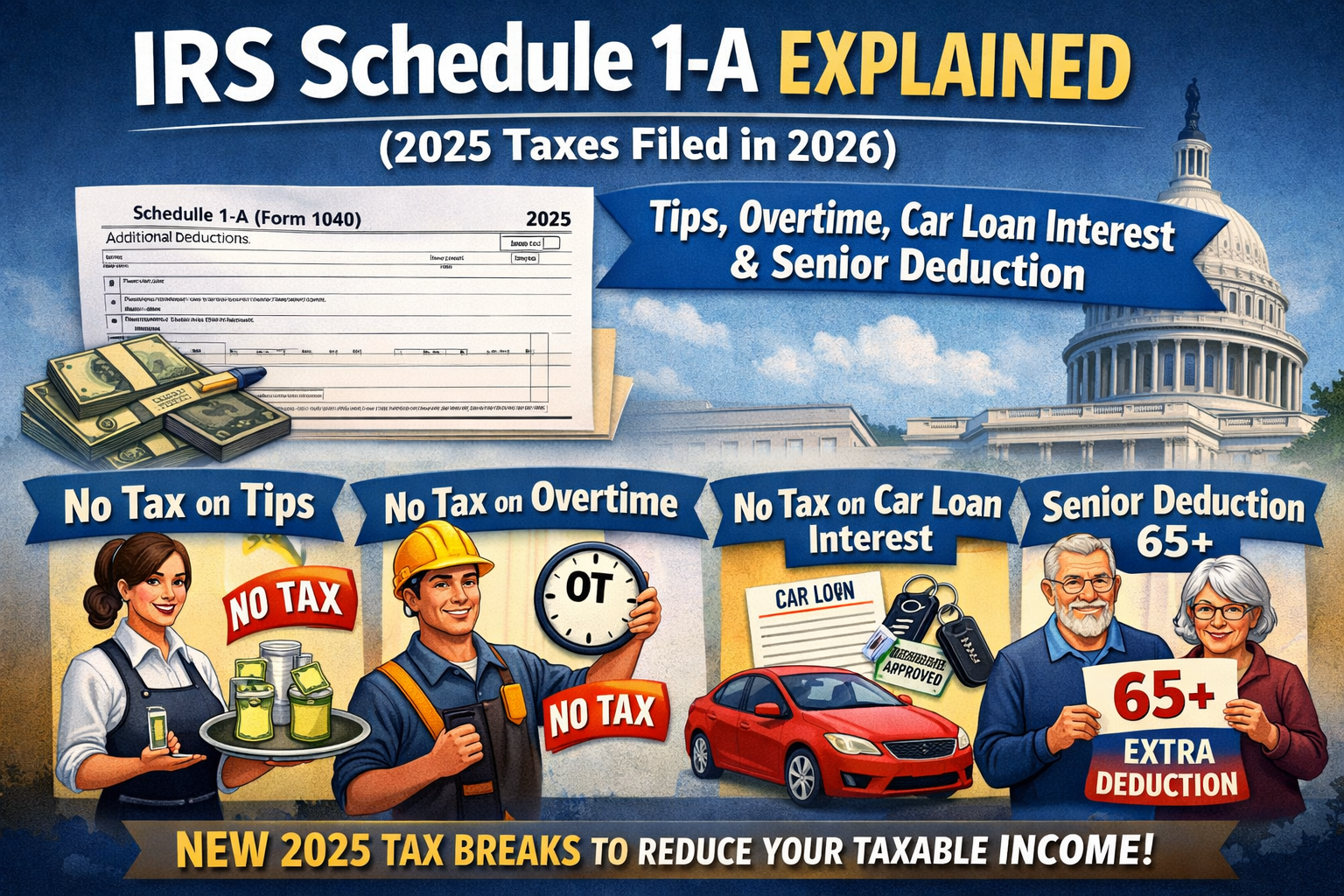 IRS Schedule 1-A Explained (2025 Taxes Filed in 2026): Tips, Overtime, Car Loan Interest, and the Senior Deduction