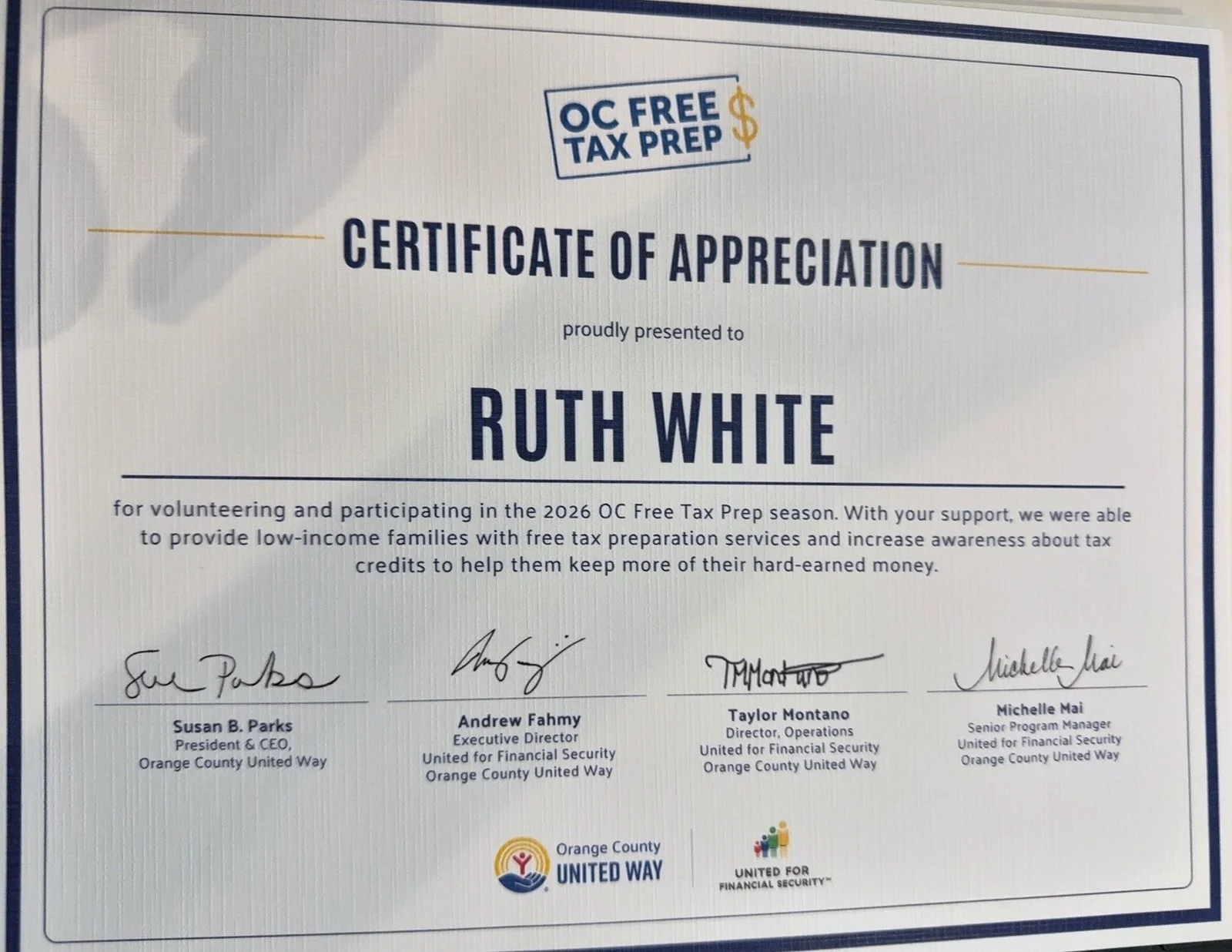 OC Free Tax Prep Certificate of Appreciation presented to Ruth White for volunteering during the 2026 tax season.