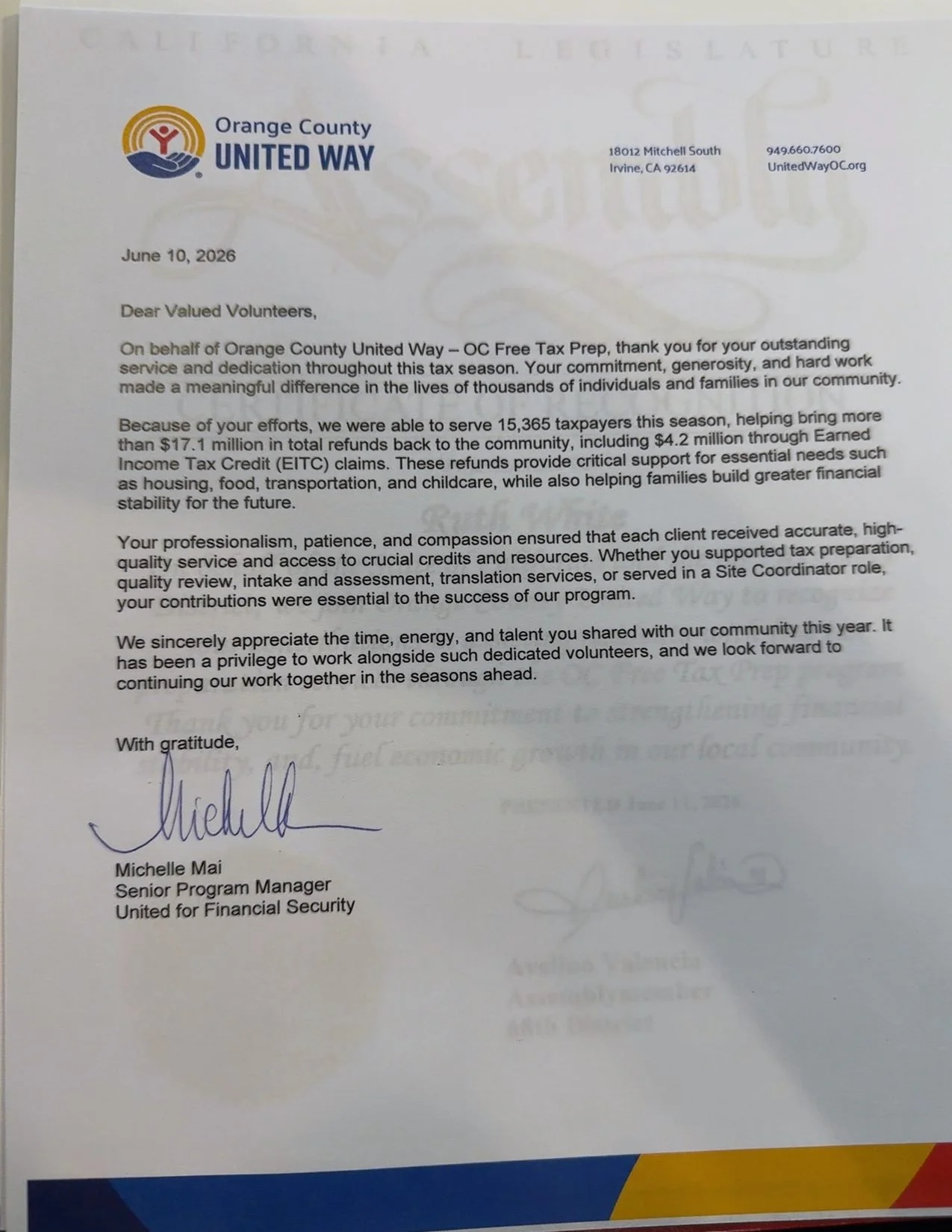 Orange County United Way letter thanking volunteers who supported the 2026 OC Free Tax Prep program.