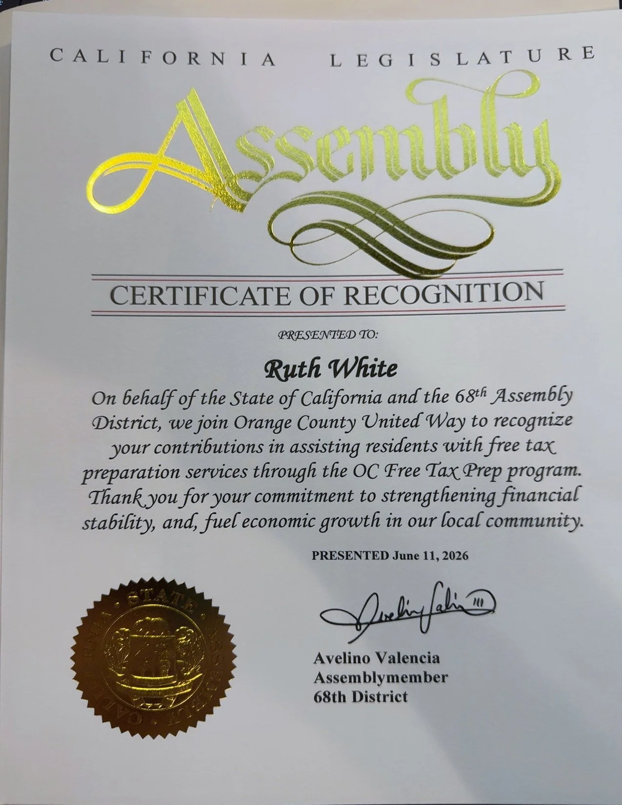 California Legislature Certificate of Recognition presented to Ruth White for assisting residents through the OC Free Tax Prep program.