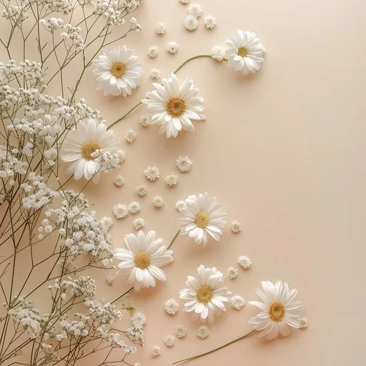 Arrangement of white daisies and small white flowers on a beige background