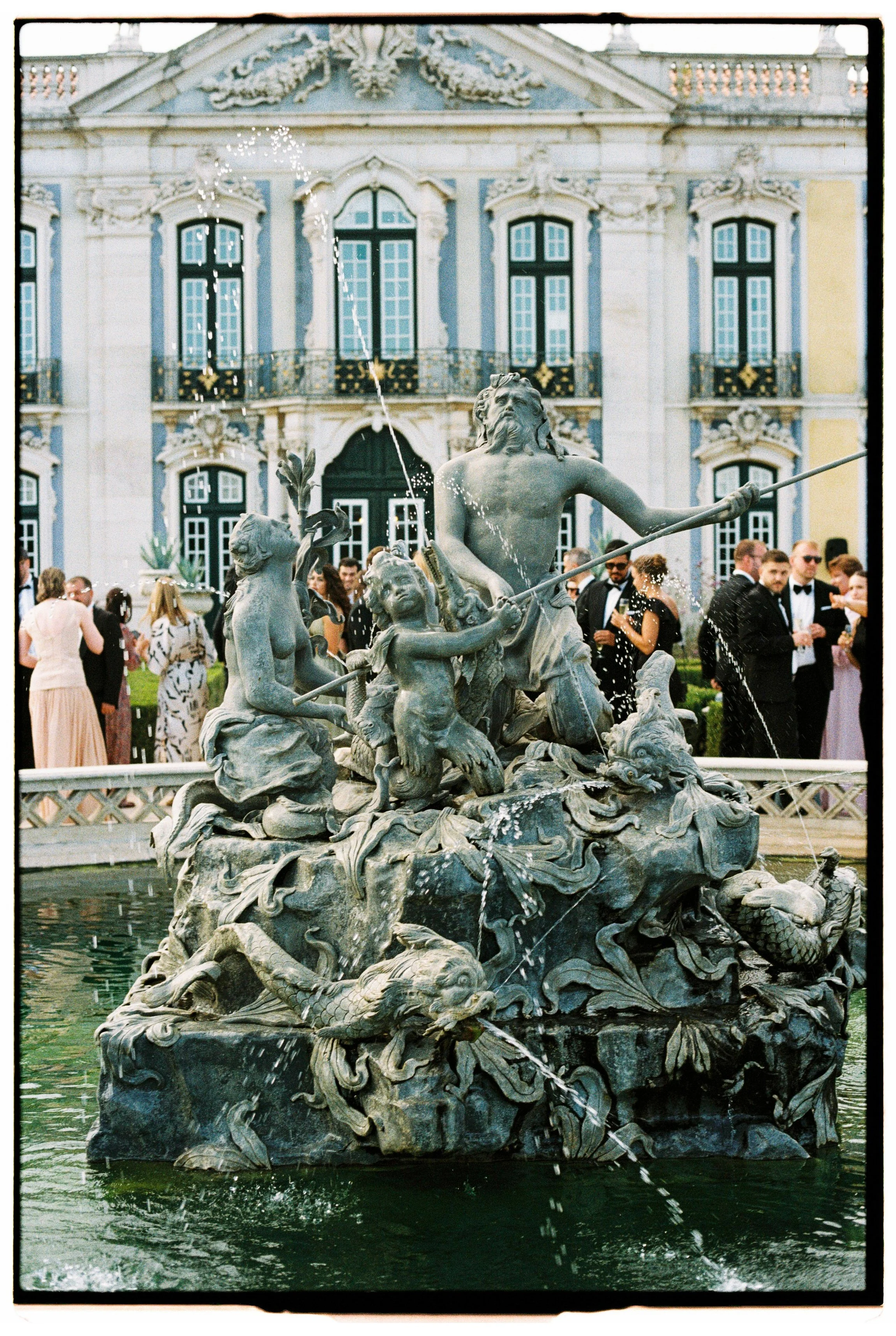 Analog film photograph highlighting the intricate interior of Palácio de Queluz, perfect for creating romantic and timeless destination wedding memories in Portugal.