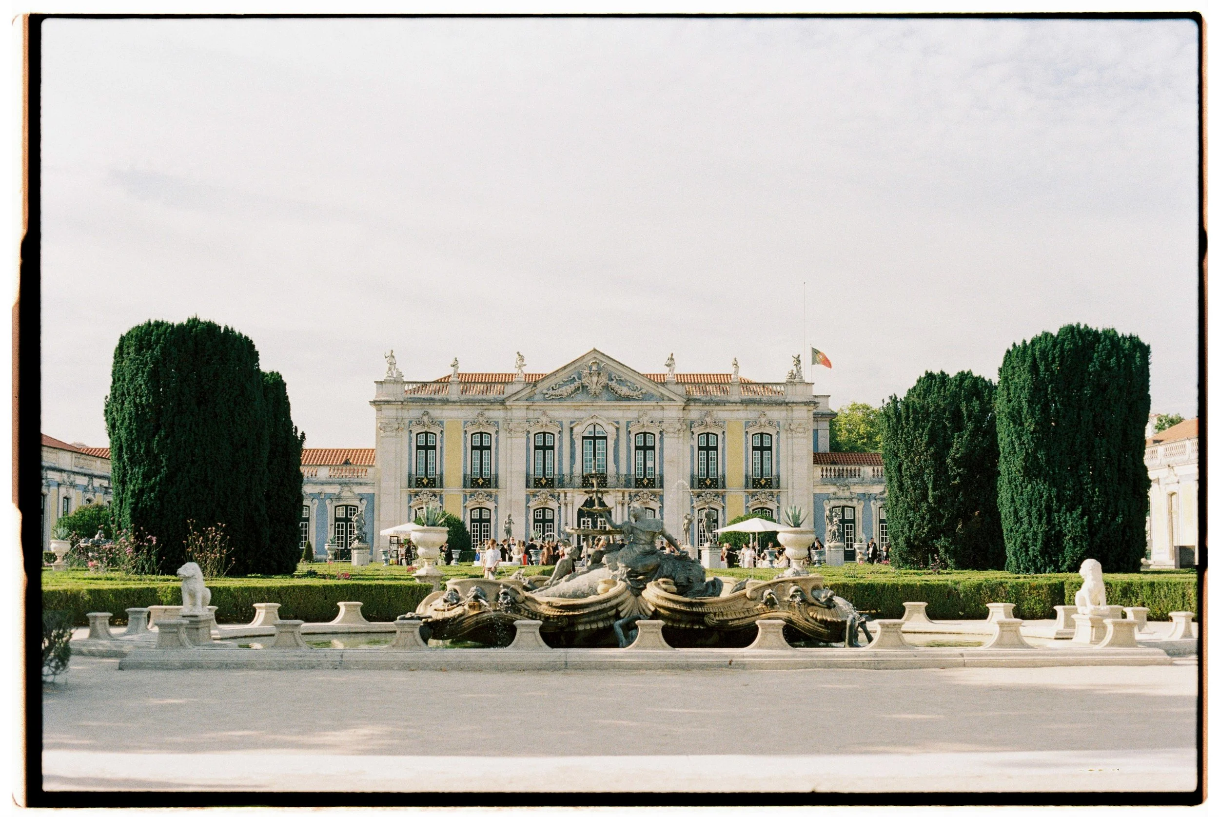 Editorial 35mm film style photograph of the Palace of Queluz wedding venue in Sintra, Portugal