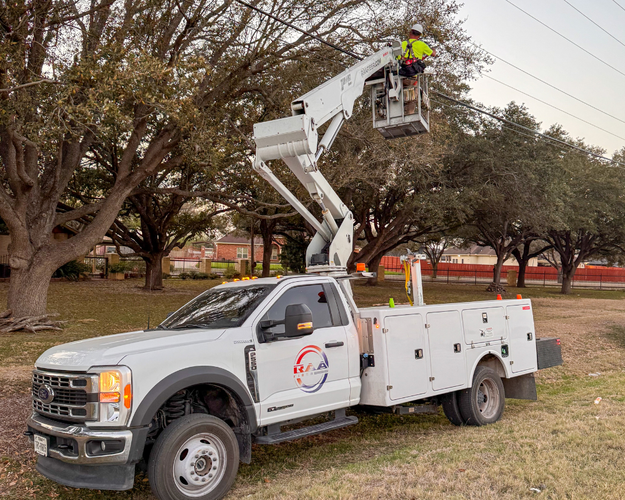 A utility worker in a high-visibility jacket and helmet is using a bucket lift attached to a utility truck to work on power lines among trees in a park area.
