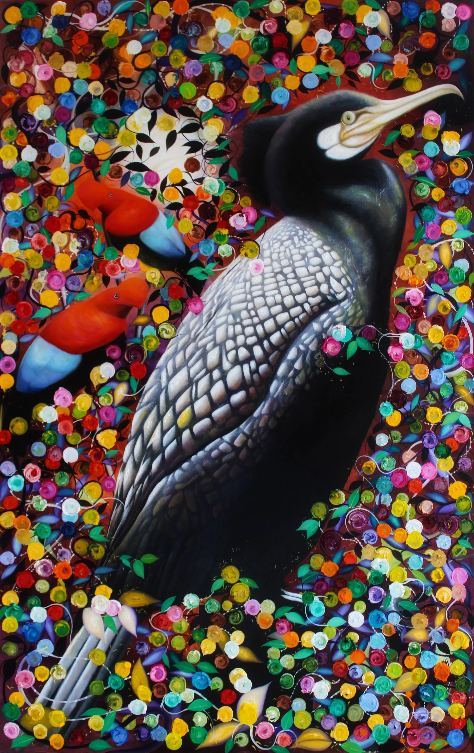 A colorful painting of a large bird, possibly a hornbill, surrounded by an abundance of vibrant, multi-colored flowers and leaves.