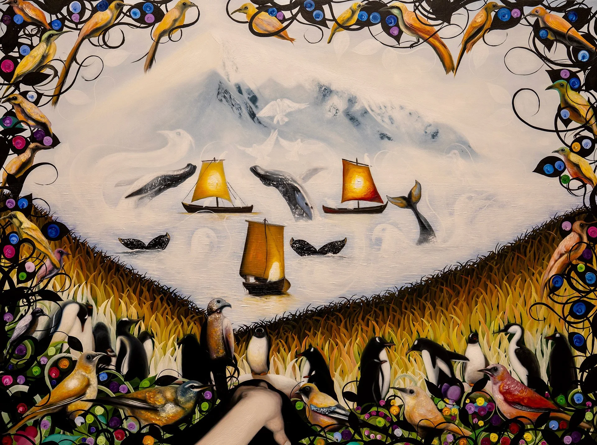 Painting depicting a flock of colorful birds surrounding a serene lake with sailing boats, mountains, and flying birds in the background, framed by stylized vines with multicolored flowers.