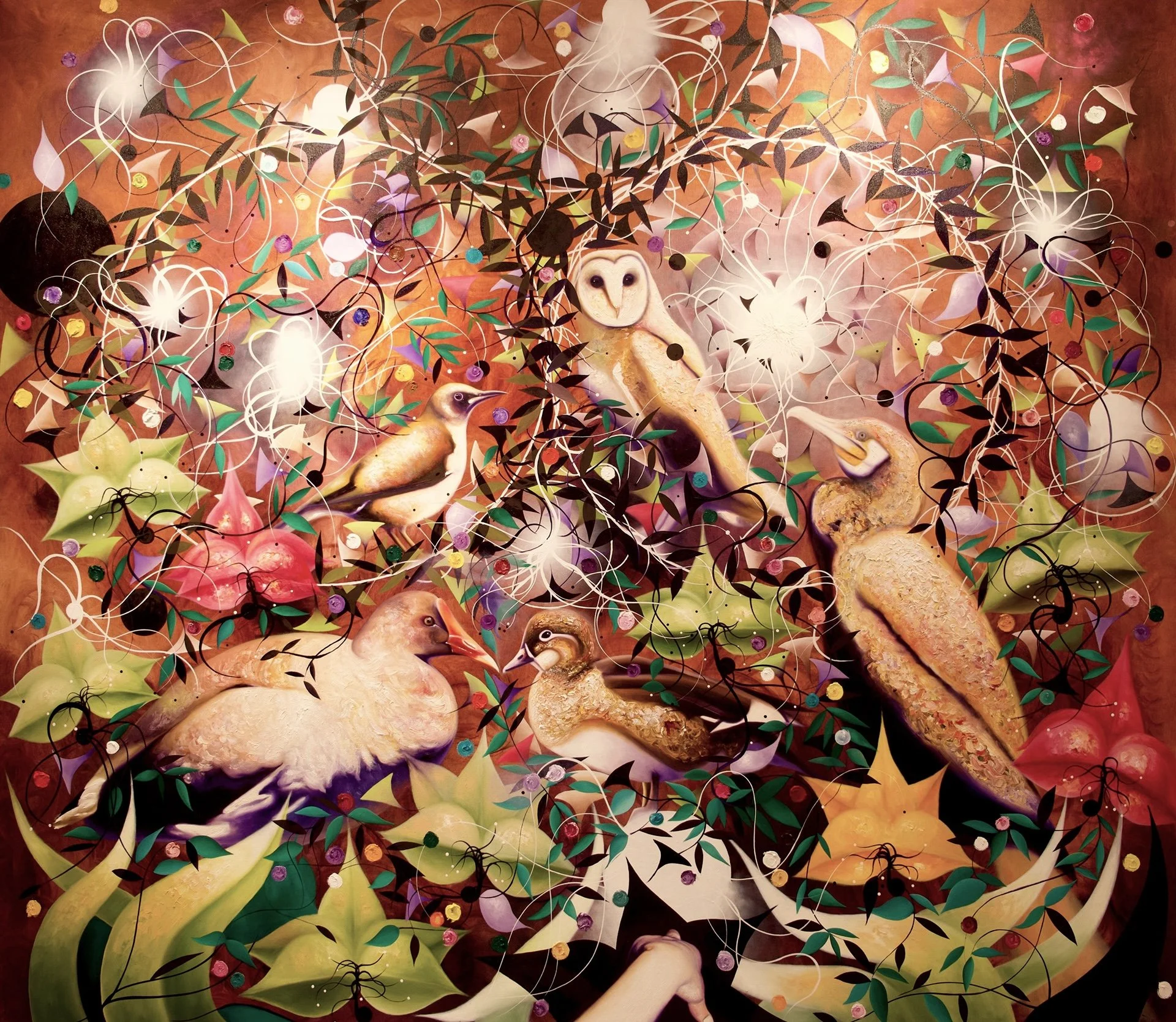 An abstract artwork with intertwined lines and shapes, featuring various animals like owls, flamingos, and other birds, with digital and paper-like textures, bright colors, and intricate details.