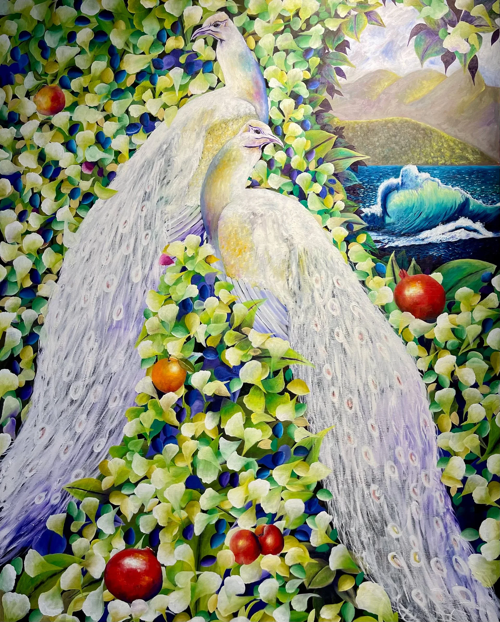 A colorful painting featuring two white peacocks surrounded by green, yellow, blue, and purple leaves, with red apples and a wave in the background.