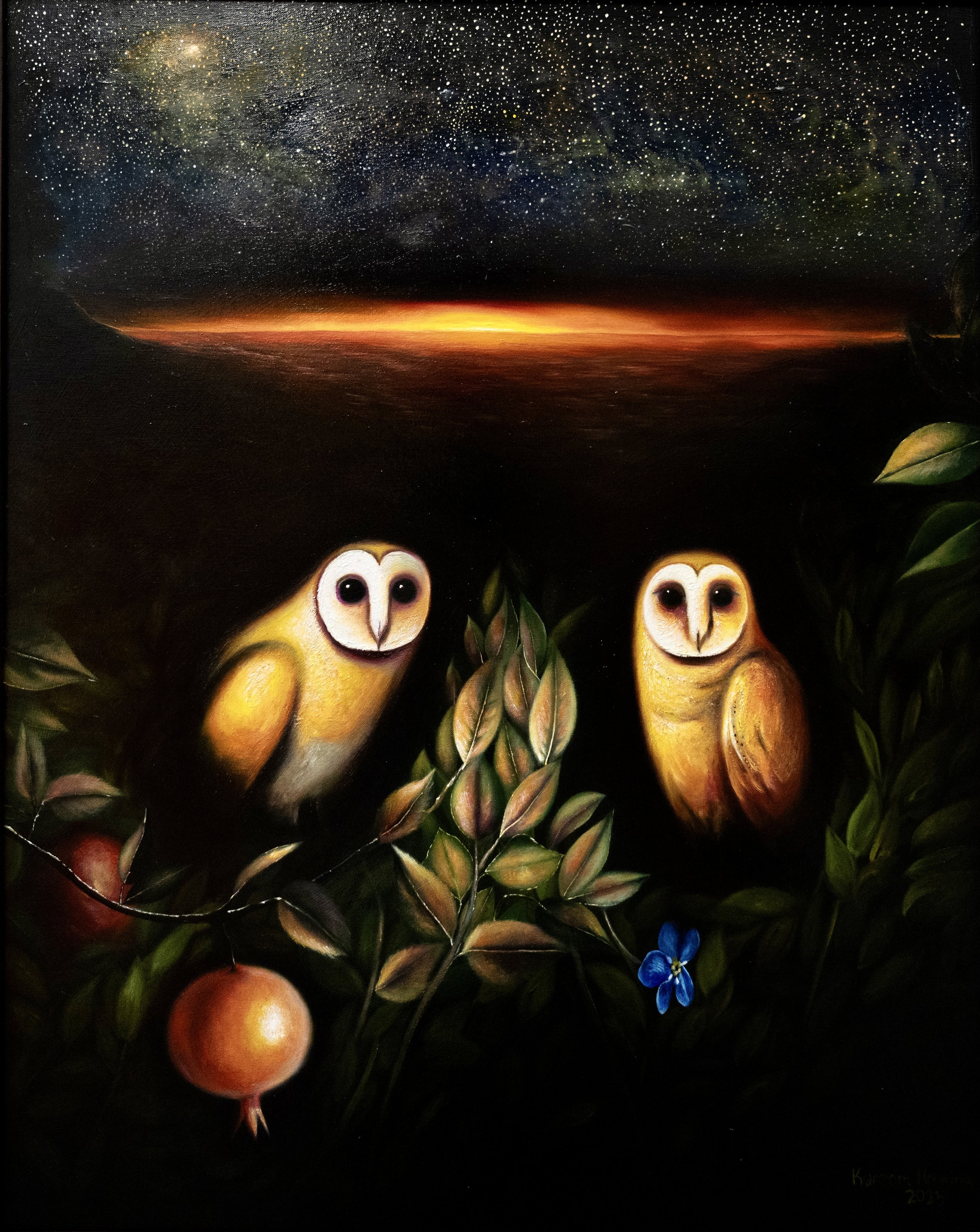 A painting of a dark night sky filled with numerous stars and a bright glowing horizon. In the foreground, there are two cartoonish yellow owls with large eyes, among green leaves, and a small blue flower. The painting has a surreal, whimsical style.
