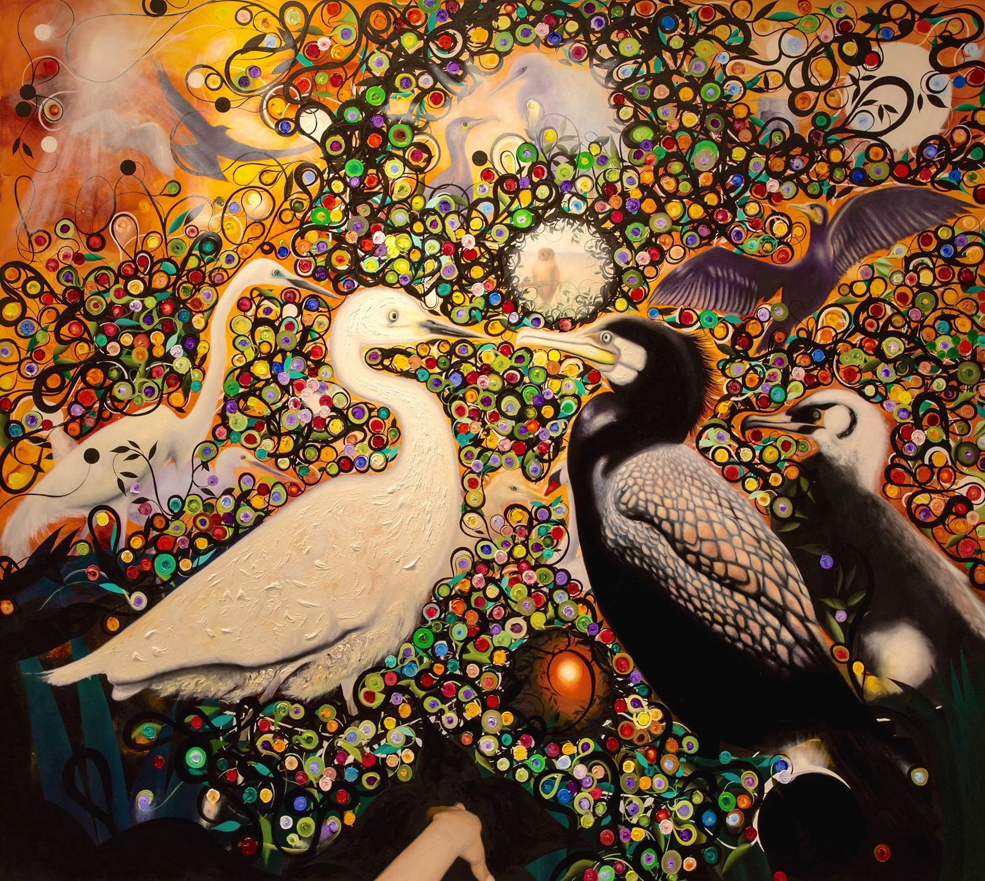 Colorful mural featuring various birds such as herons and crows, with a sun in the background and abstract star-like elements, rendered in bright, vivid colors.