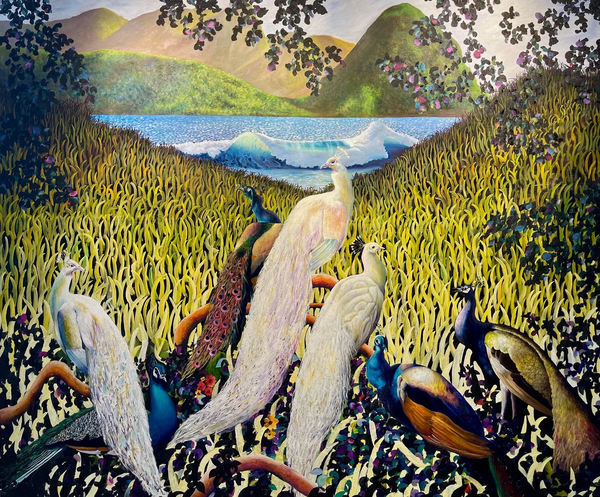 A vibrant painting of a nature scene with peacocks, trees, and mountains in the background, featuring a body of water and lush greenery.