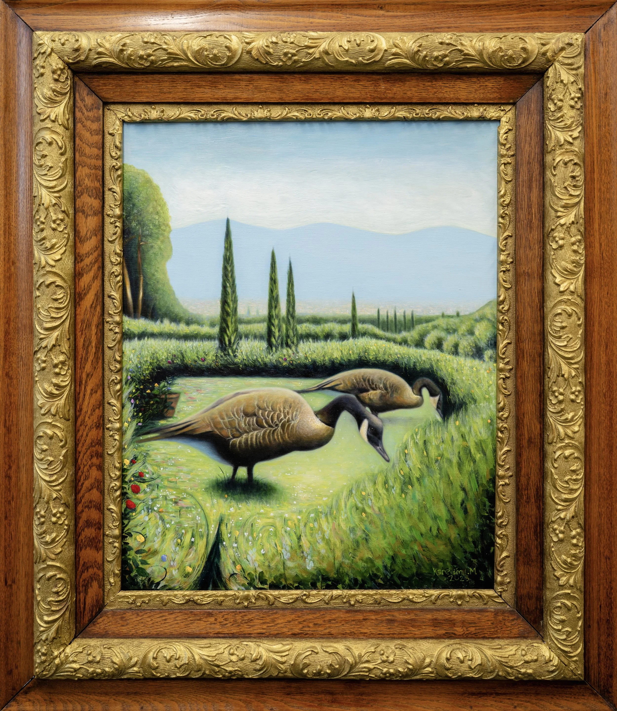 A landscape painting featuring a field with three geese in the foreground, tall cypress trees, rolling hills, mountains in the background, under a clear sky, framed by an ornate gold and wooden frame.