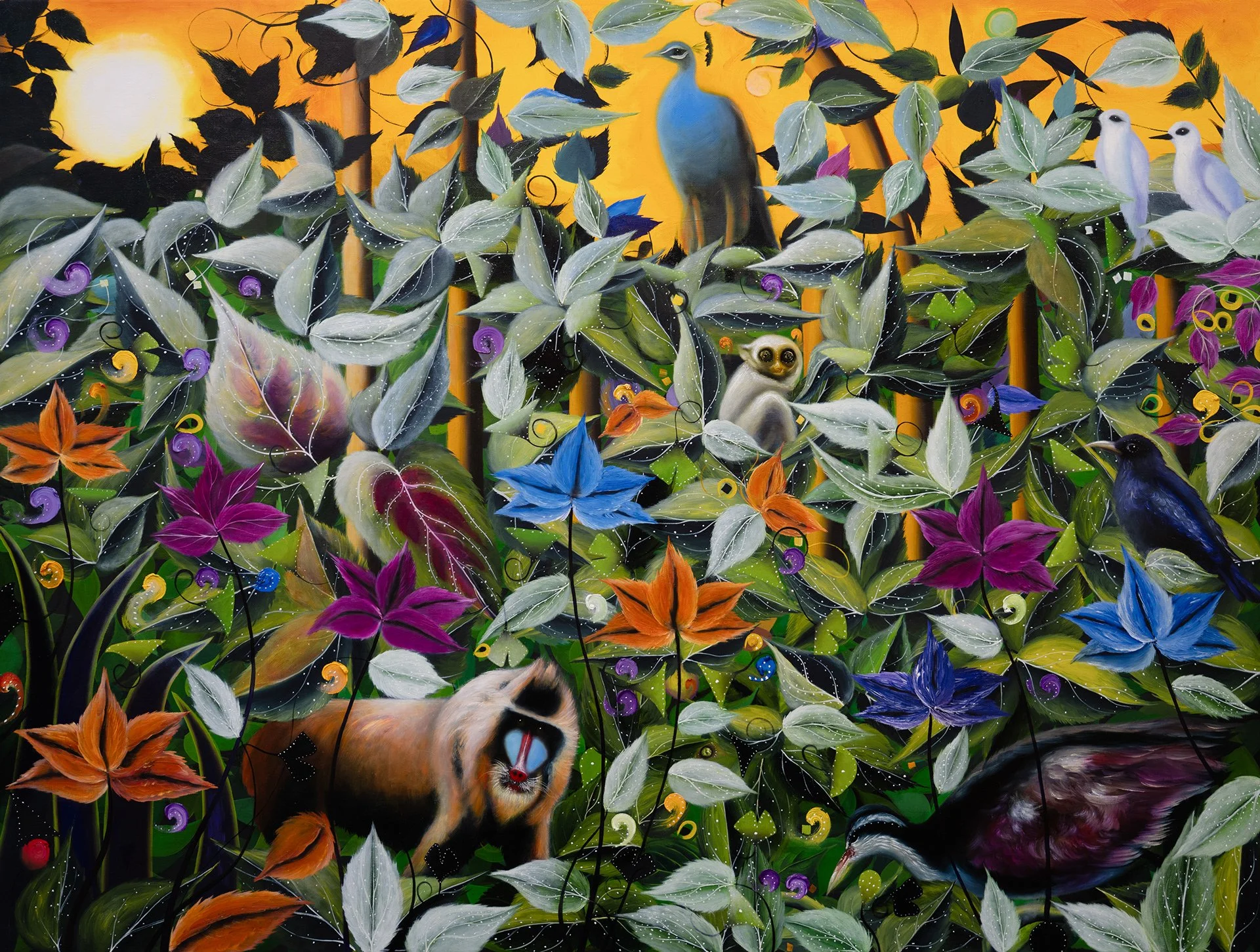 Colorful painting of lush green leaves, vibrant orange, purple, and blue flowers, with various birds including a peacock, a lemur, and a cat among the foliage, under a bright sun with a yellow sky.