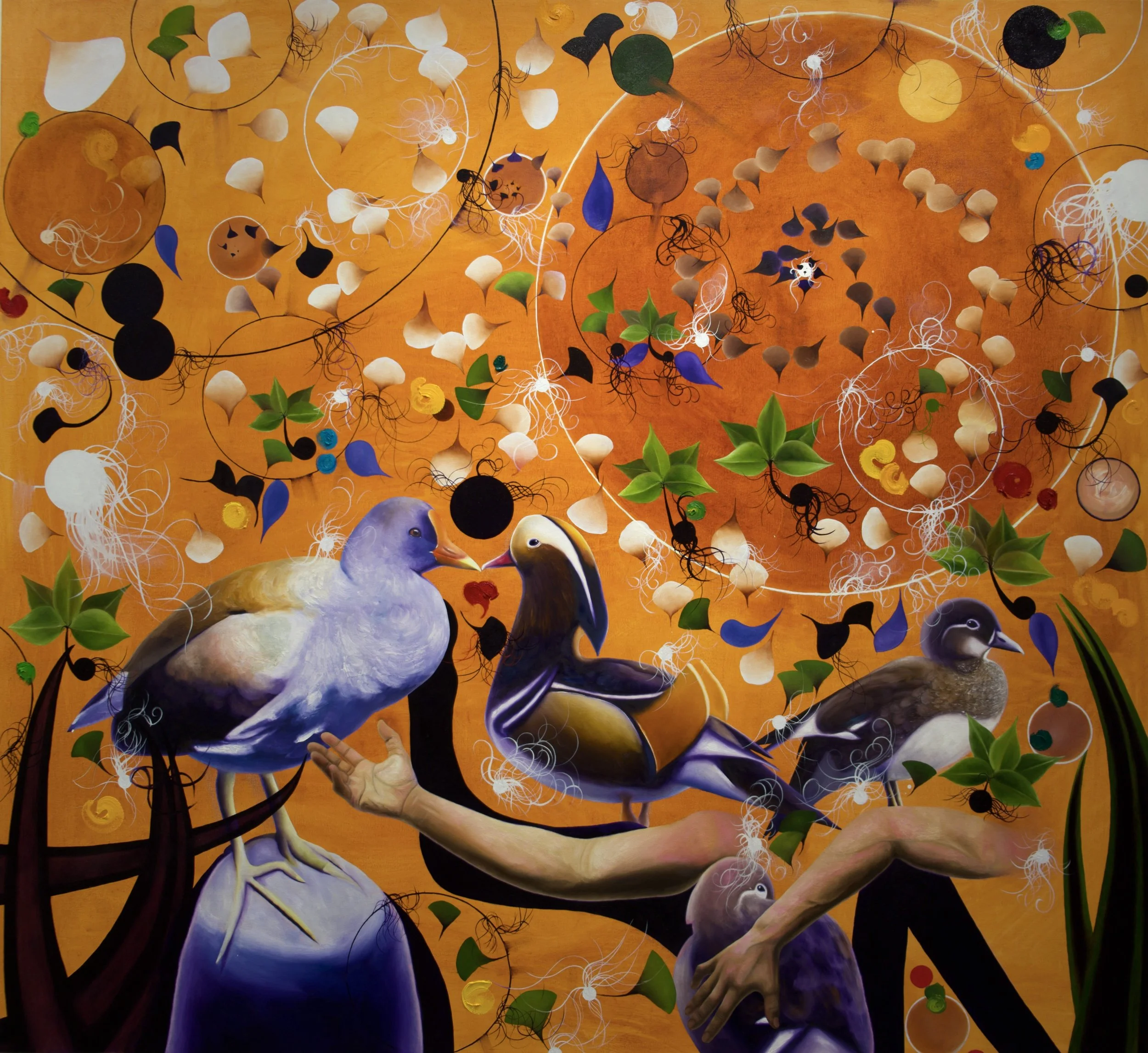 Abstract artwork with colorful elements, including birds, human hands, leaves, and swirling lines on an orange background.
