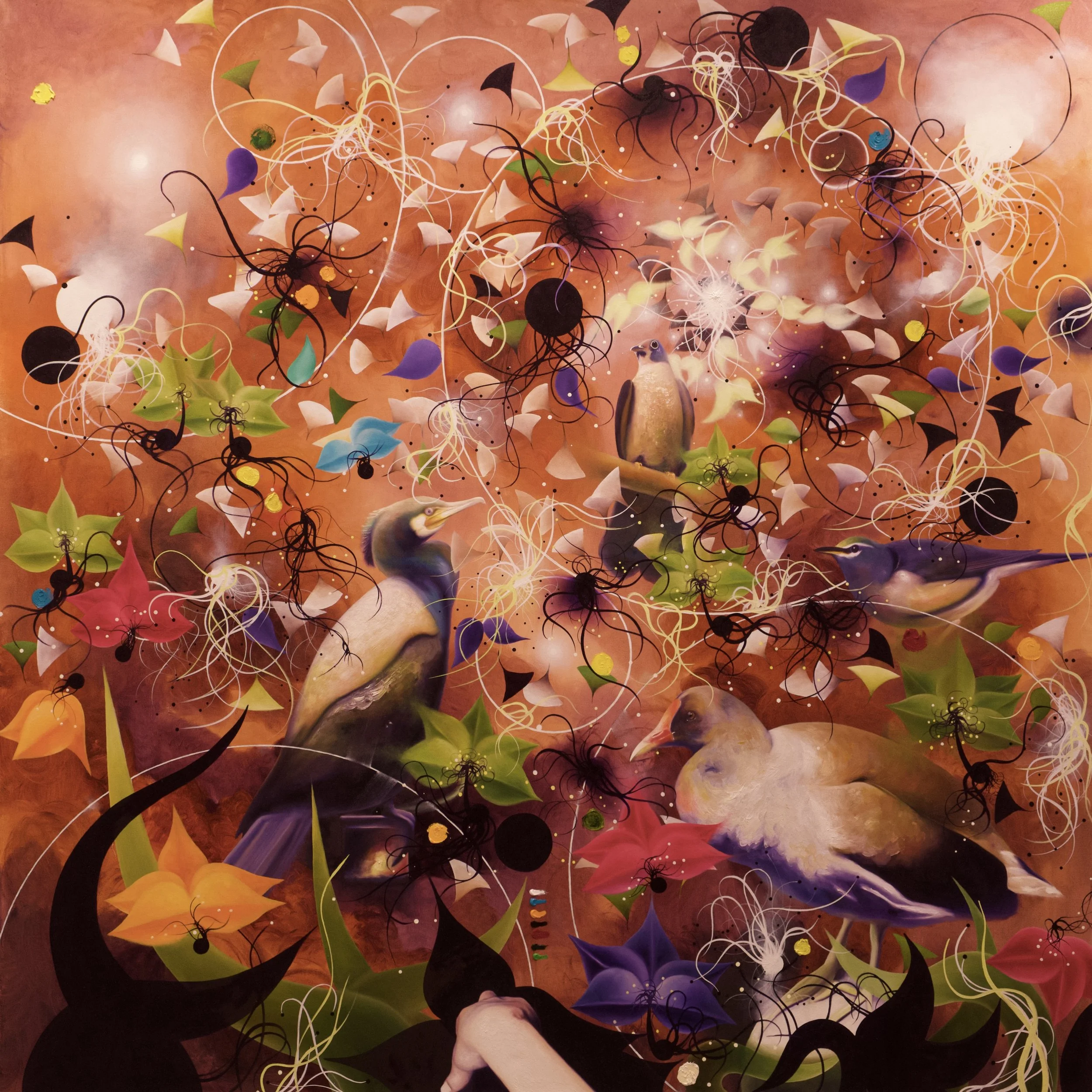 An abstract colorful mural with swirling lines, shapes, and various bird figures on a background with a warm, reddish hue.