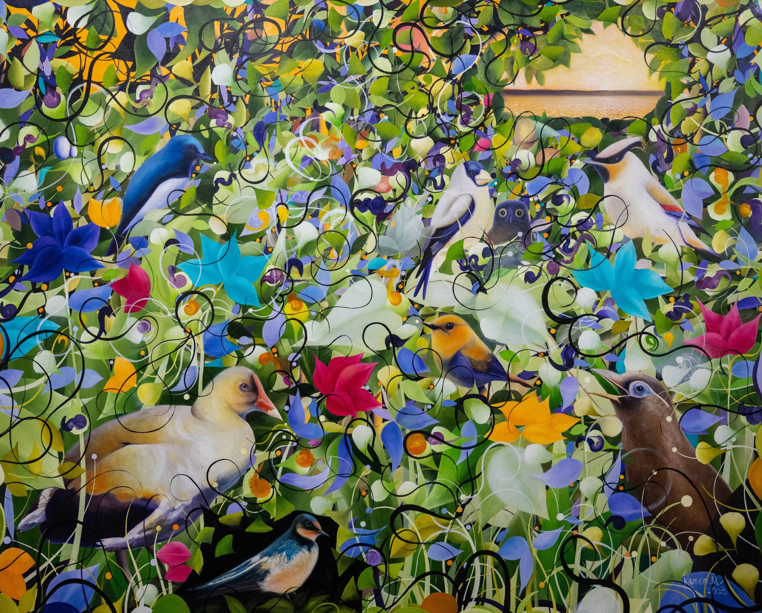 A colorful mural featuring a variety of birds amidst lush greenery, flowers, and vines, with a mix of vibrant colors and abstract patterns.